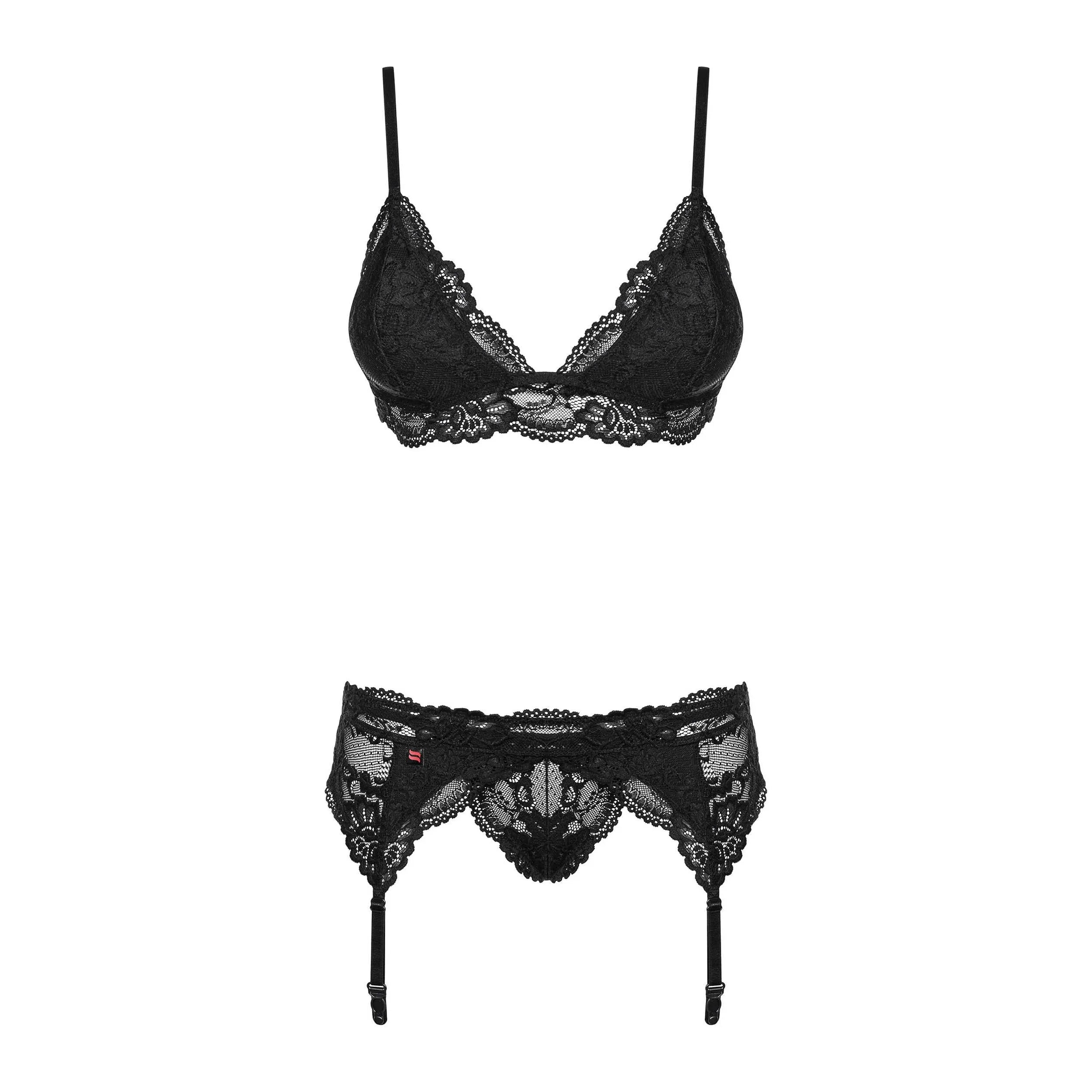 Ensemble lingerie noir dentelle, soutien-gorge ajustable, porte-jarretelles, string, motifs élégants.