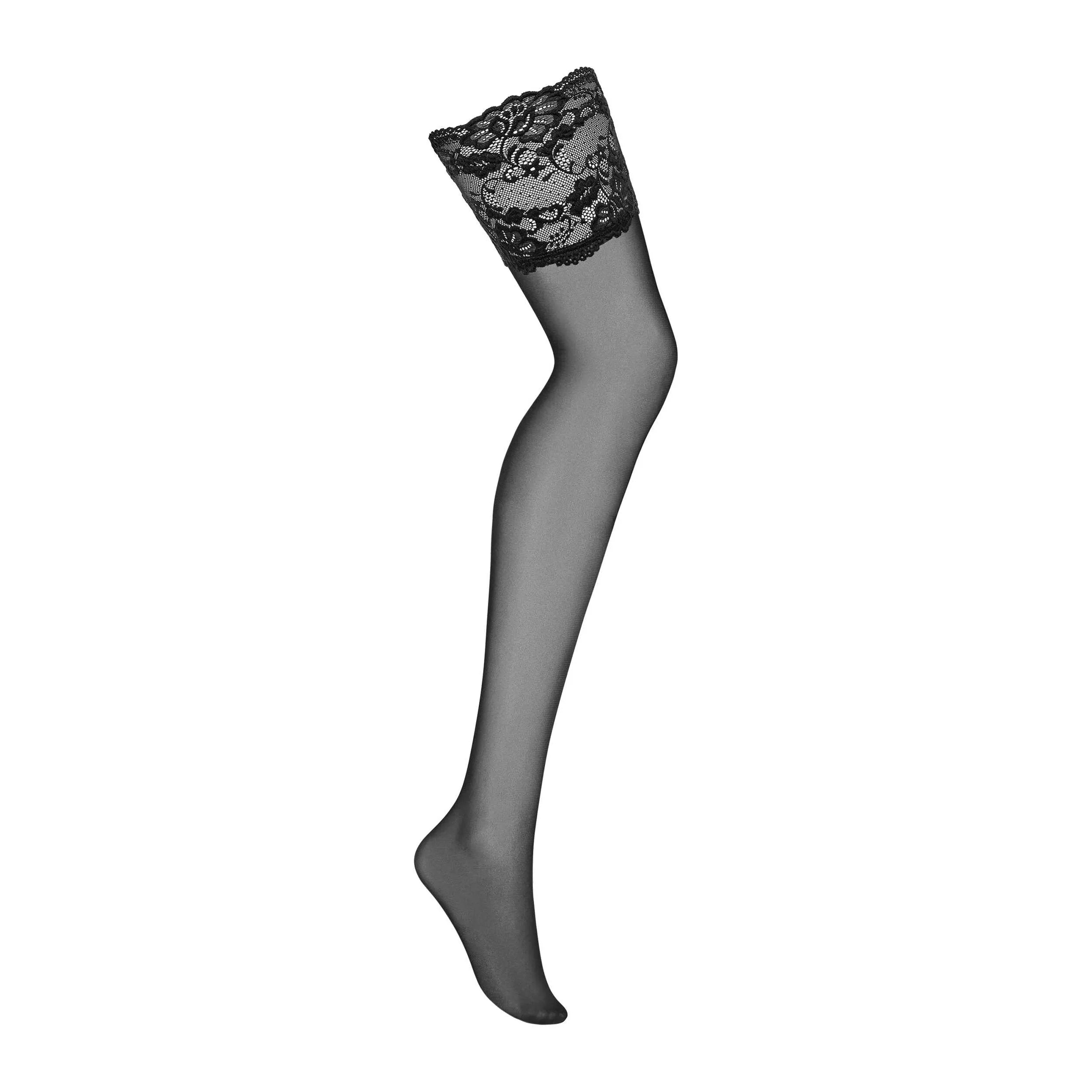 Bas noirs en dentelle délicate avec porte-jarretelles, motifs raffinés, nylon élasthanne, élégance et confort sensuel.