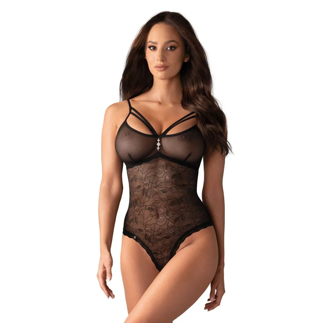 body femme noir semi transparent motifs fleur bijou polyamide élasthanne