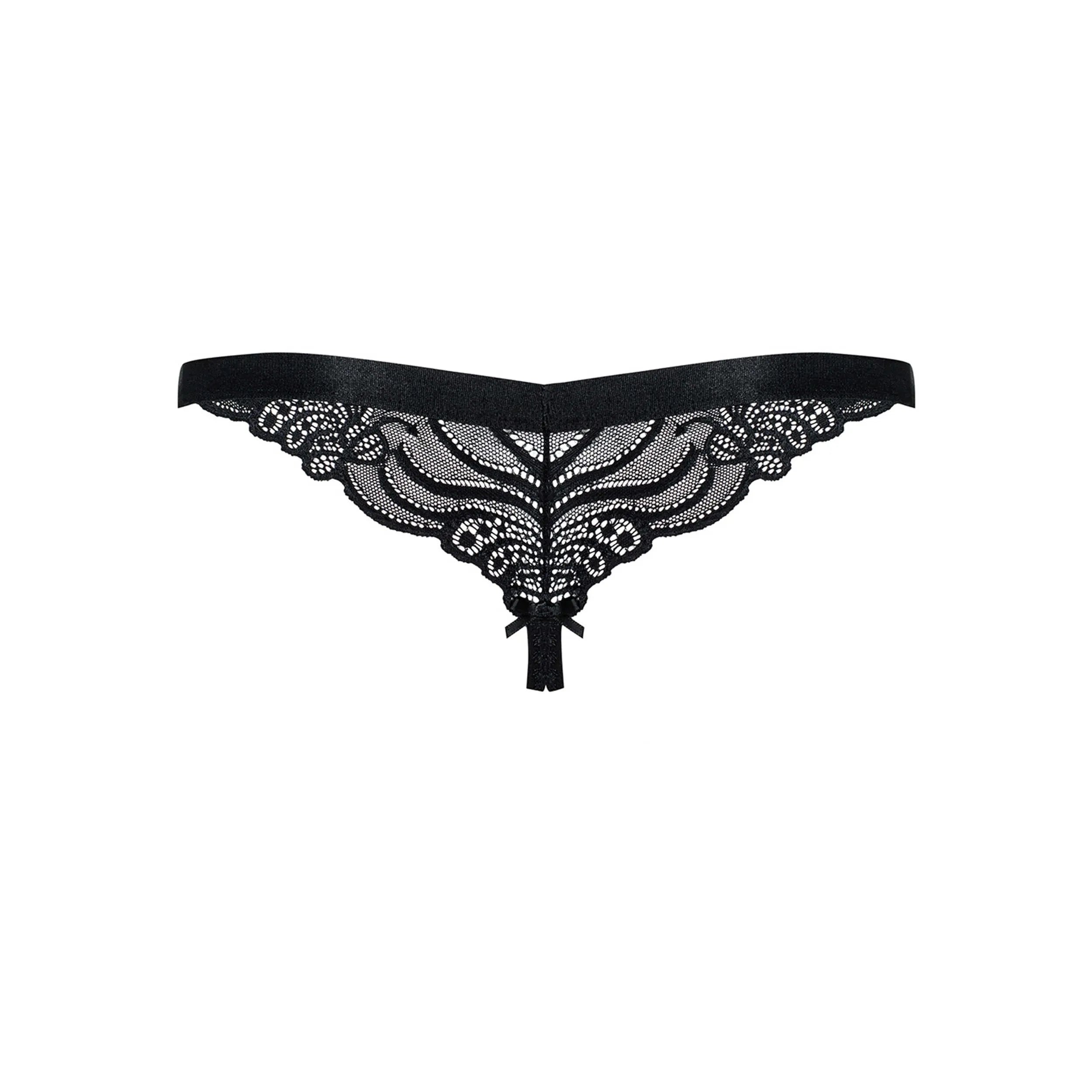 String noir en dentelle avec motifs élégants, sangle élastique, entrejambe ouvert, 90% polyamide, 10% élasthanne.