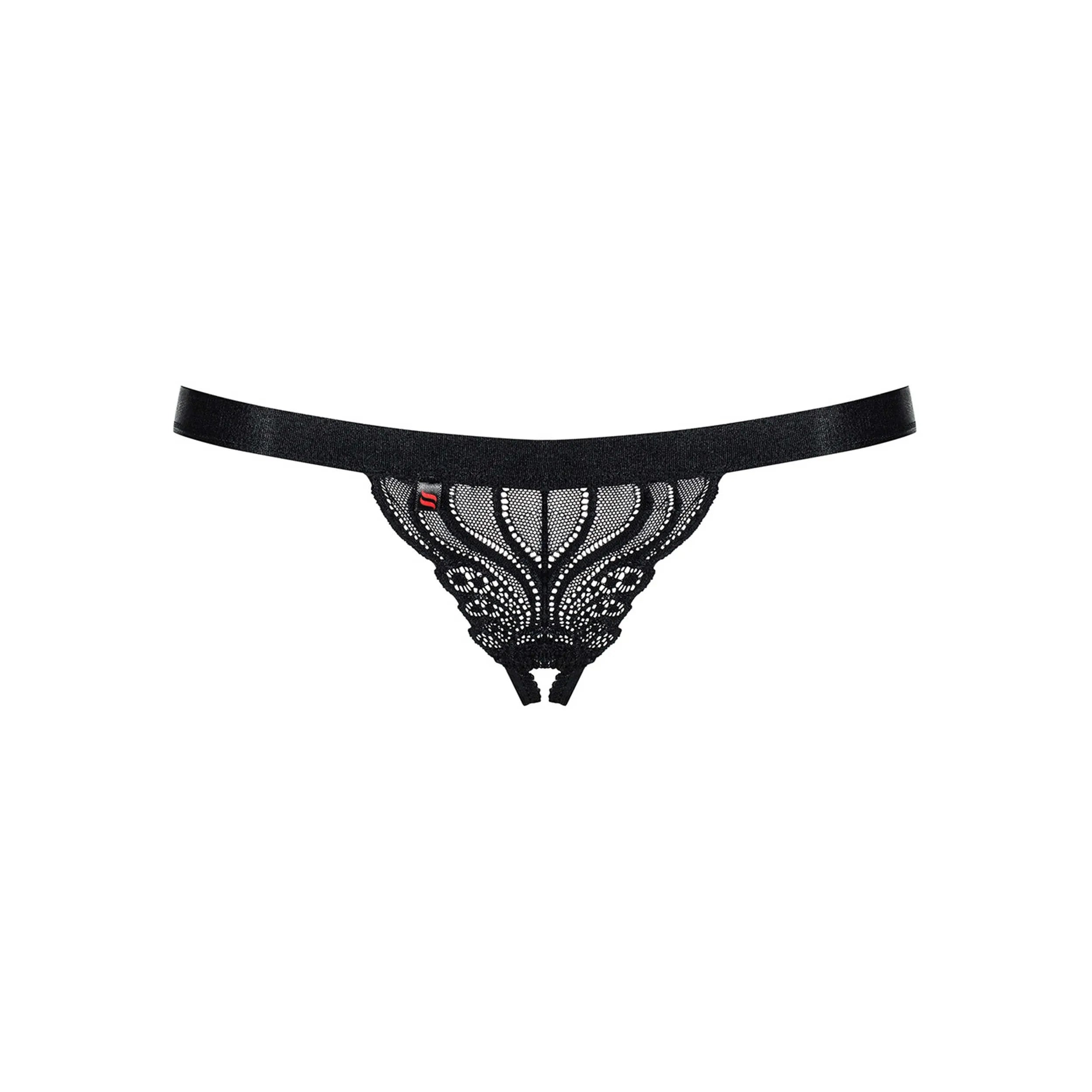 String noir en dentelle avec motifs élégants, sangle élastique, entrejambe ouvert, 90% polyamide, 10% élasthanne.