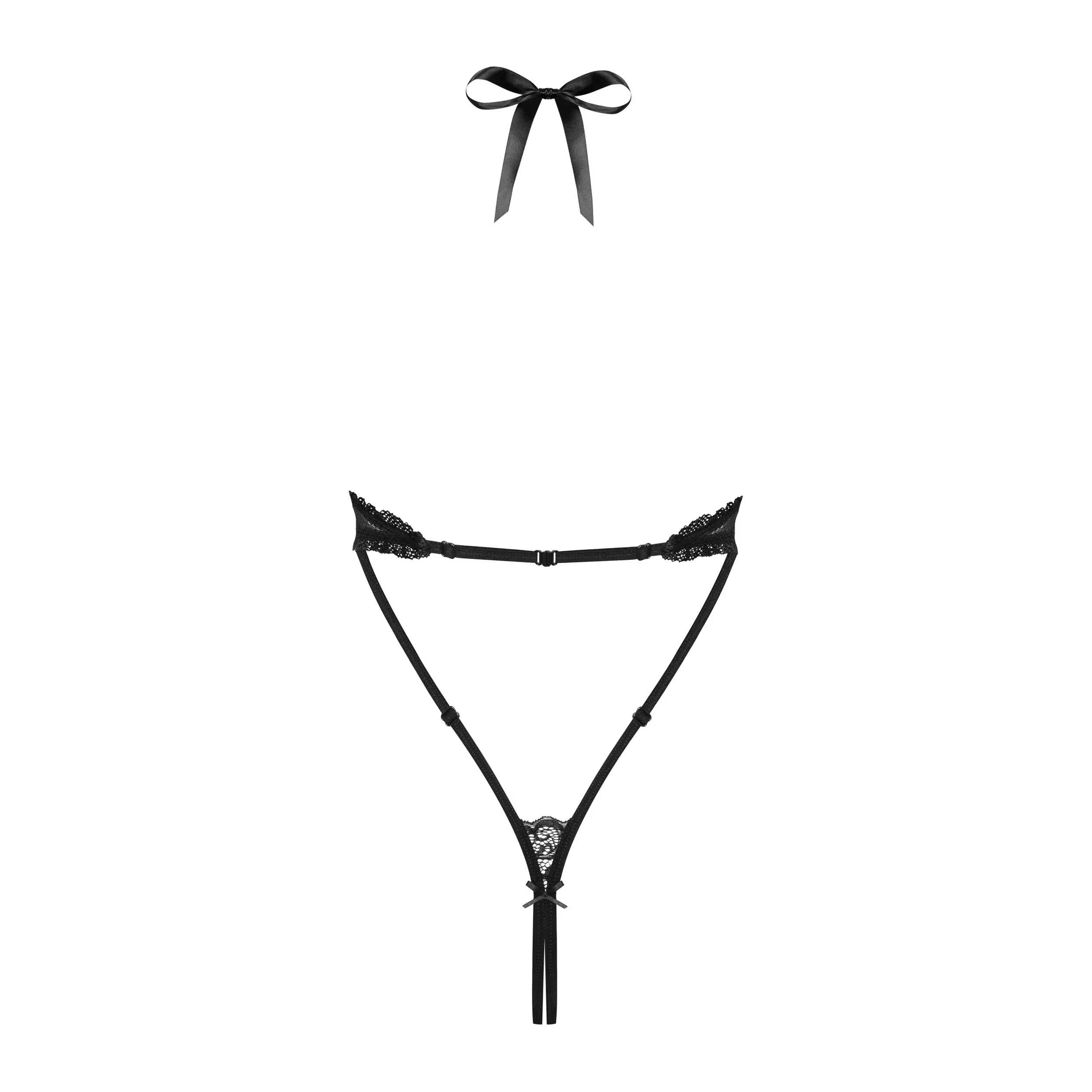Body noir ouvert laçage bijou brillant entrejambe, polyamide élasthanne, style élégant et audacieux.