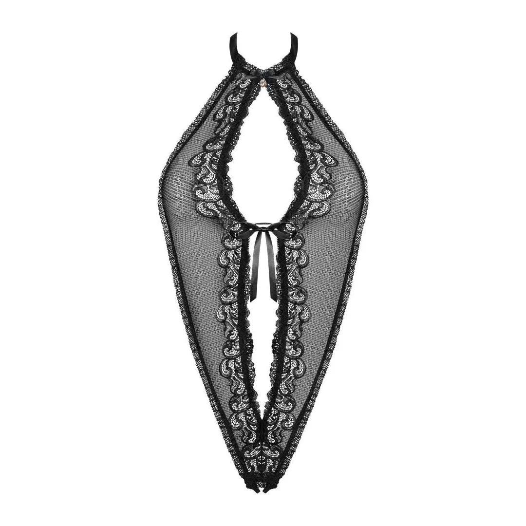 Body noir ouvert avec laçage avant et bijou brillant, en polyamide élasthanne, mettant en valeur la silhouette.