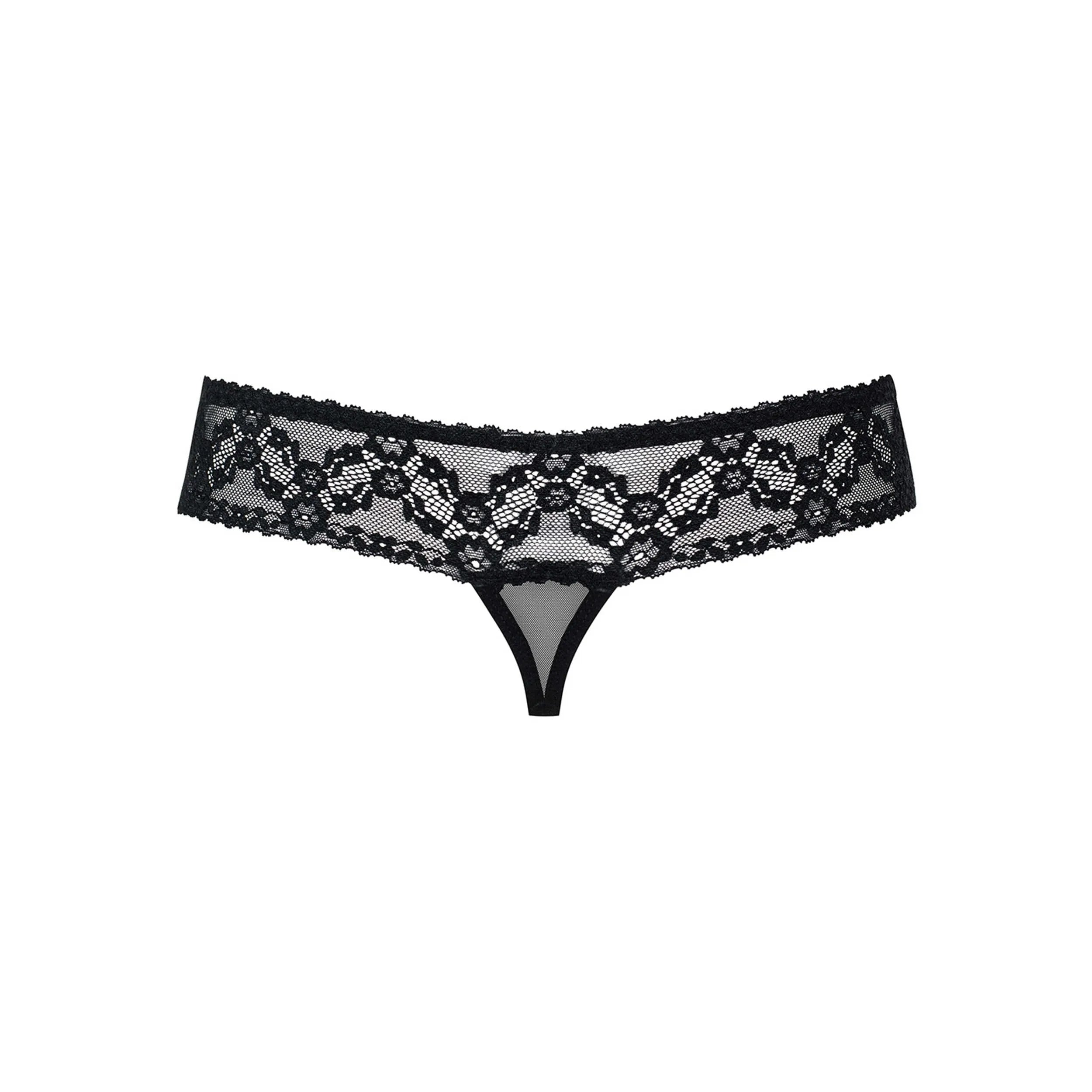 String noir ouvert en dentelle et maille transparente avec nœud et bijou, élégant et séduisant.