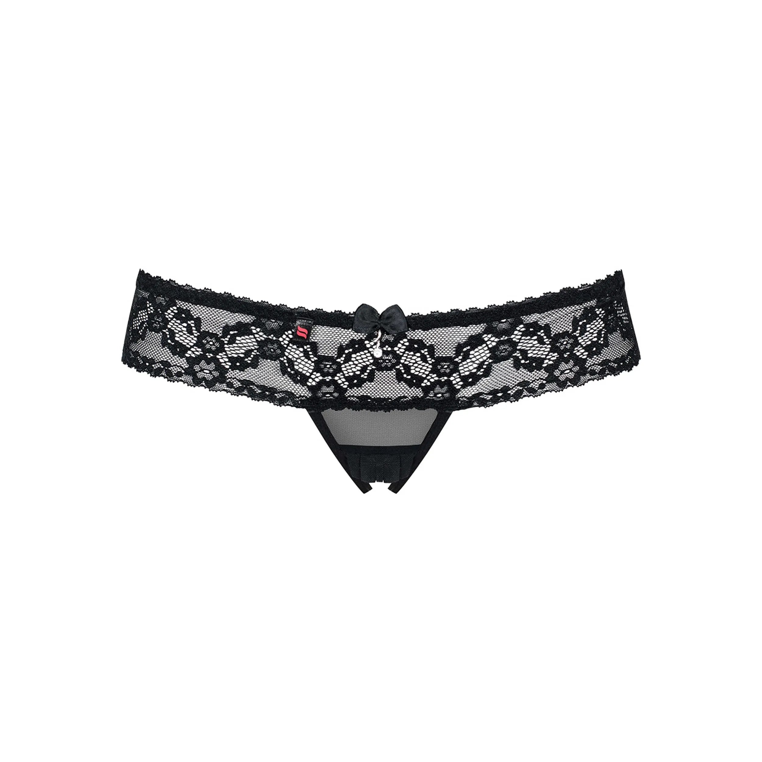 String noir ouvert en dentelle et maille transparente, orné d'un nœud et bijou brillant, 94% polyamide, 6% élasthanne.