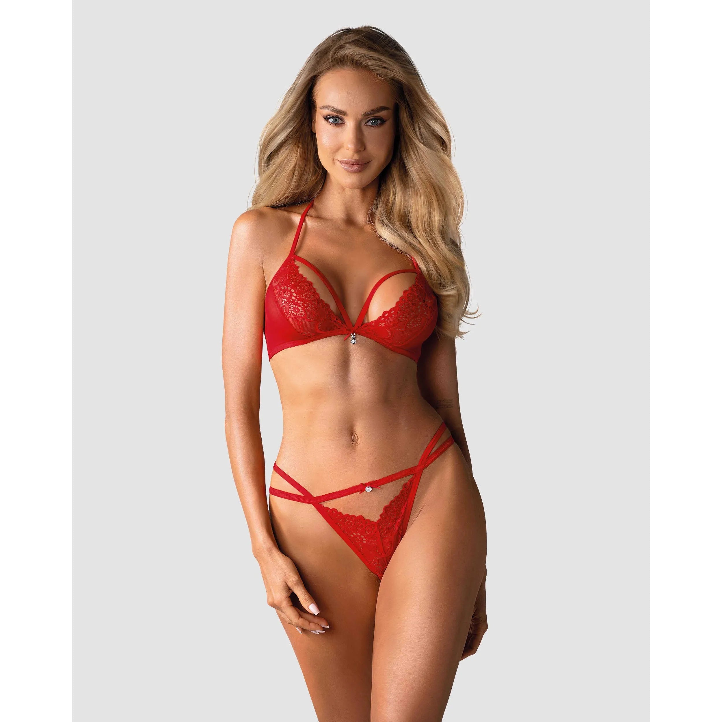 Ensemble lingerie rouge Obsessive 838 en dentelle et maille, string et soutien-gorge ornés de bijoux, lanières séduisantes.