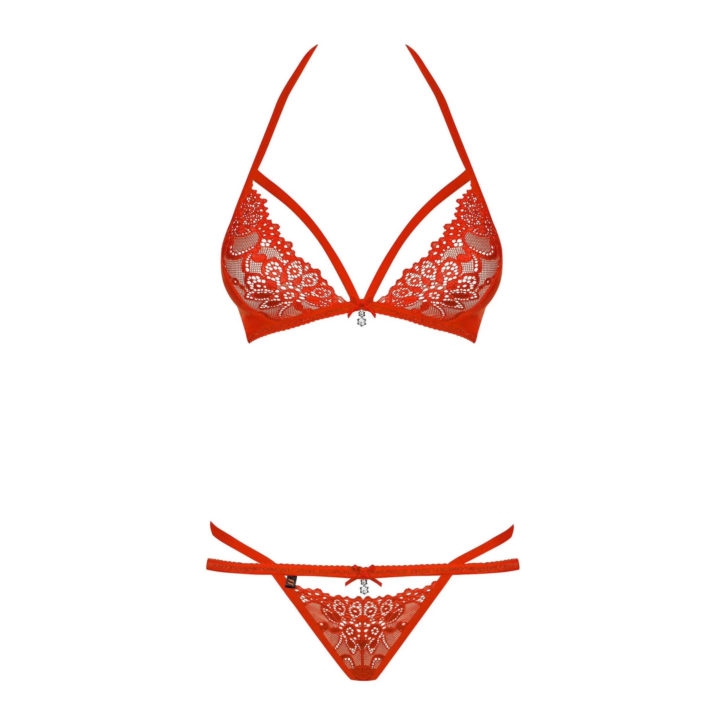 Ensemble lingerie rouge Obsessive 838 en dentelle fine, soutien-gorge et string avec bijou, lanières élégantes.