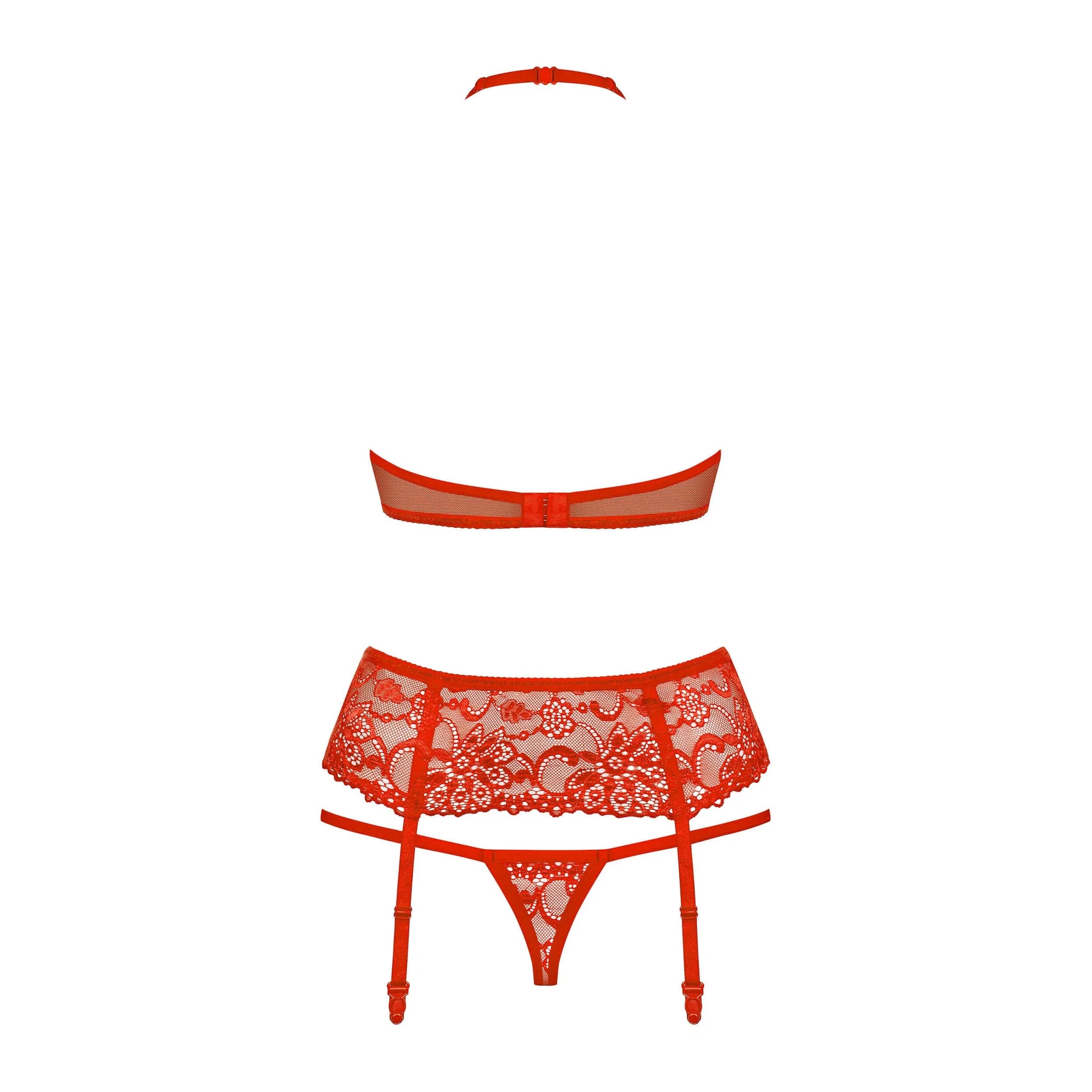 Ensemble lingerie rouge 3 pièces Obsessive 838 avec dentelle, soutien-gorge, string et porte-jarretelles, bijou décoratif.