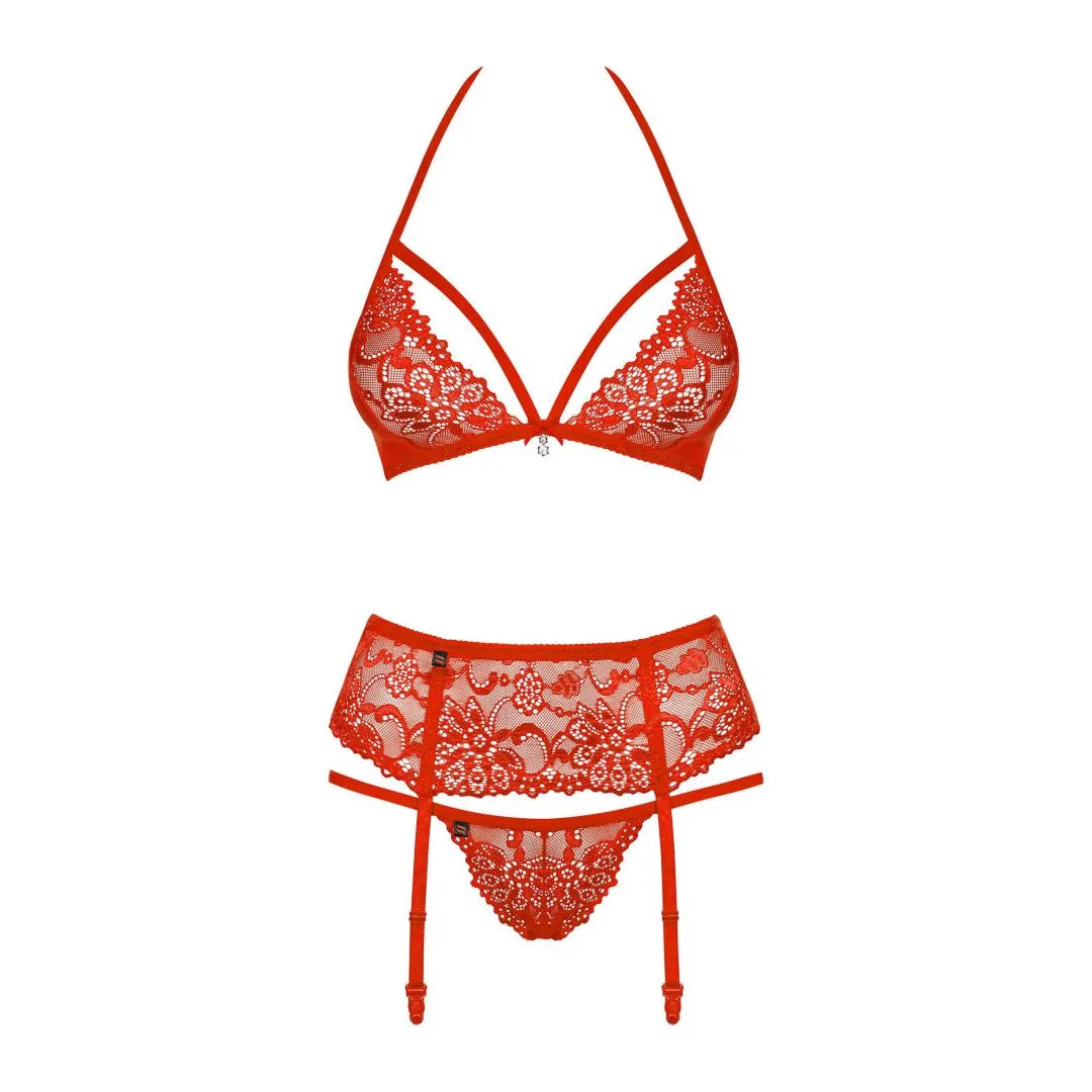 Ensemble lingerie rouge 3 pièces Obsessive 838 en dentelle avec soutien-gorge, string et porte-jarretelles, bijou inclus.