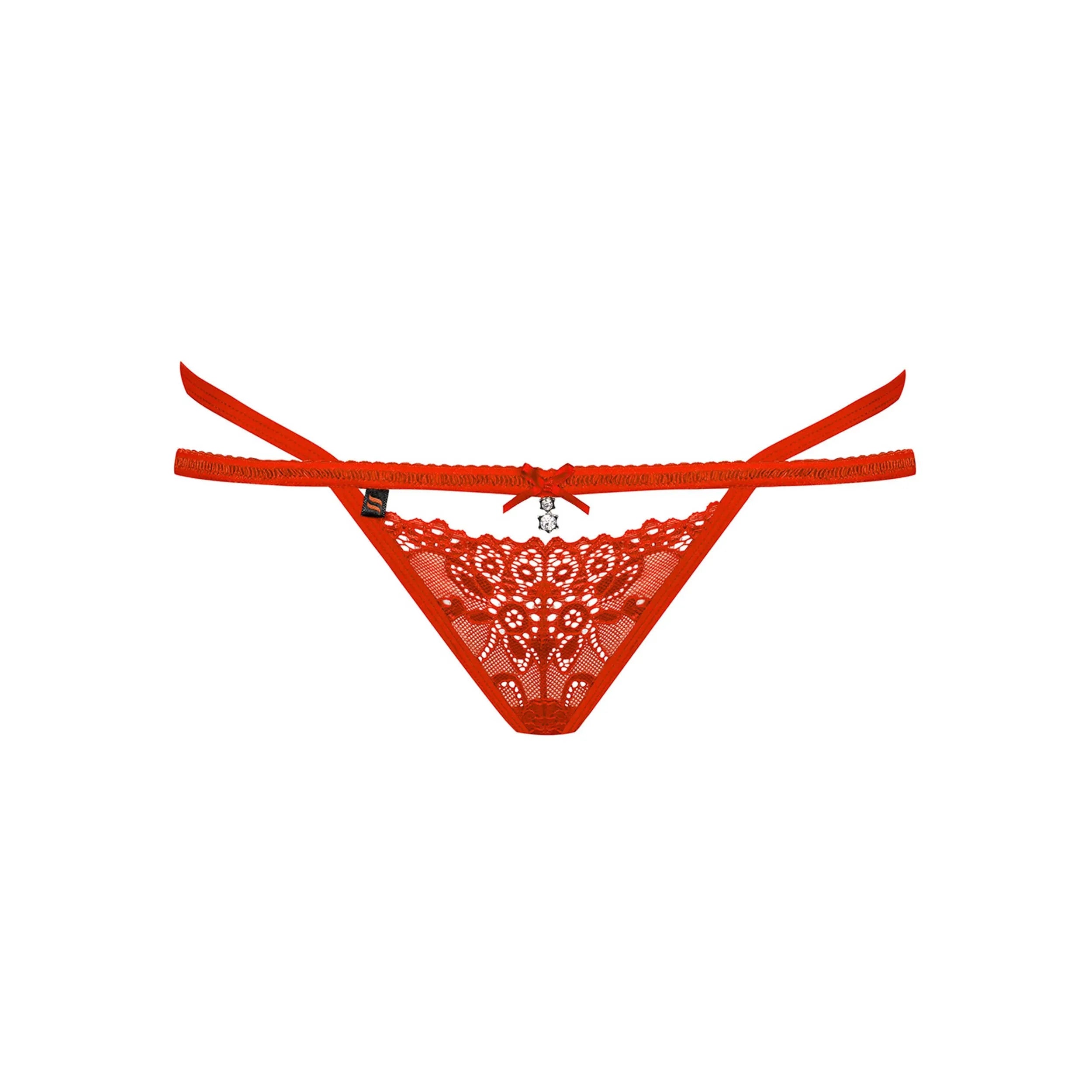 String rouge en dentelle et maille, orné d'un nœud en satin et bijou, lanières élégantes, collection Obsessive 838.