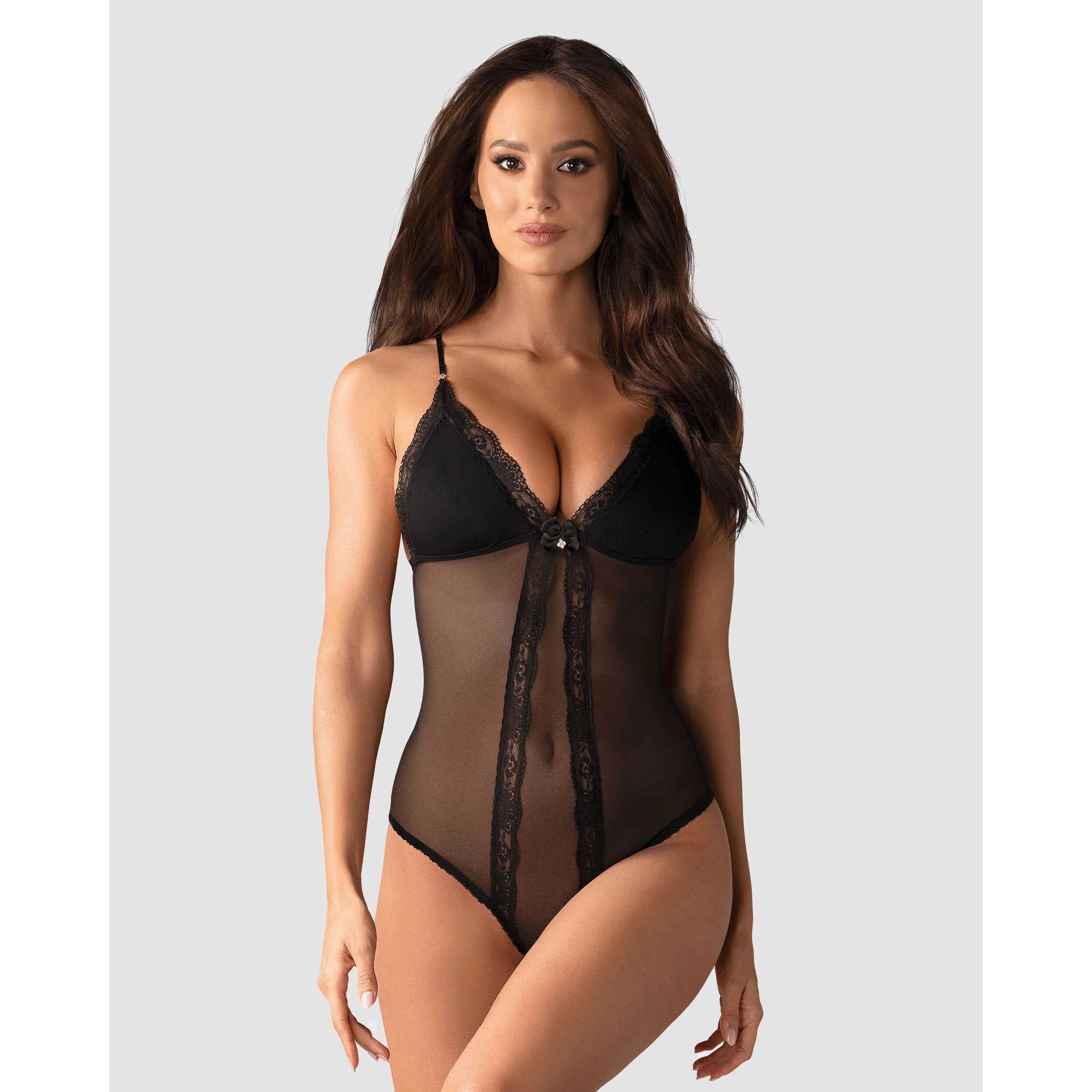 Body noir bijou brillant, entrejambe ouvert, polyamide élasthanne, élégant et glamour, parfait pour sublimer la silhouette.