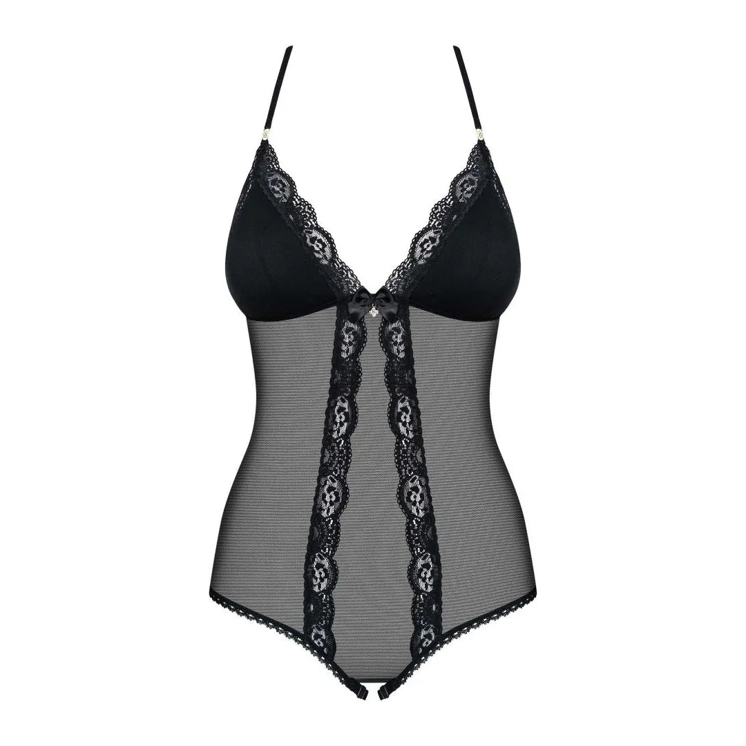 Body noir bijou brillant, élastique, entrejambe ouvert, polyamide élasthanne, élégant et glamour, détails captivants.