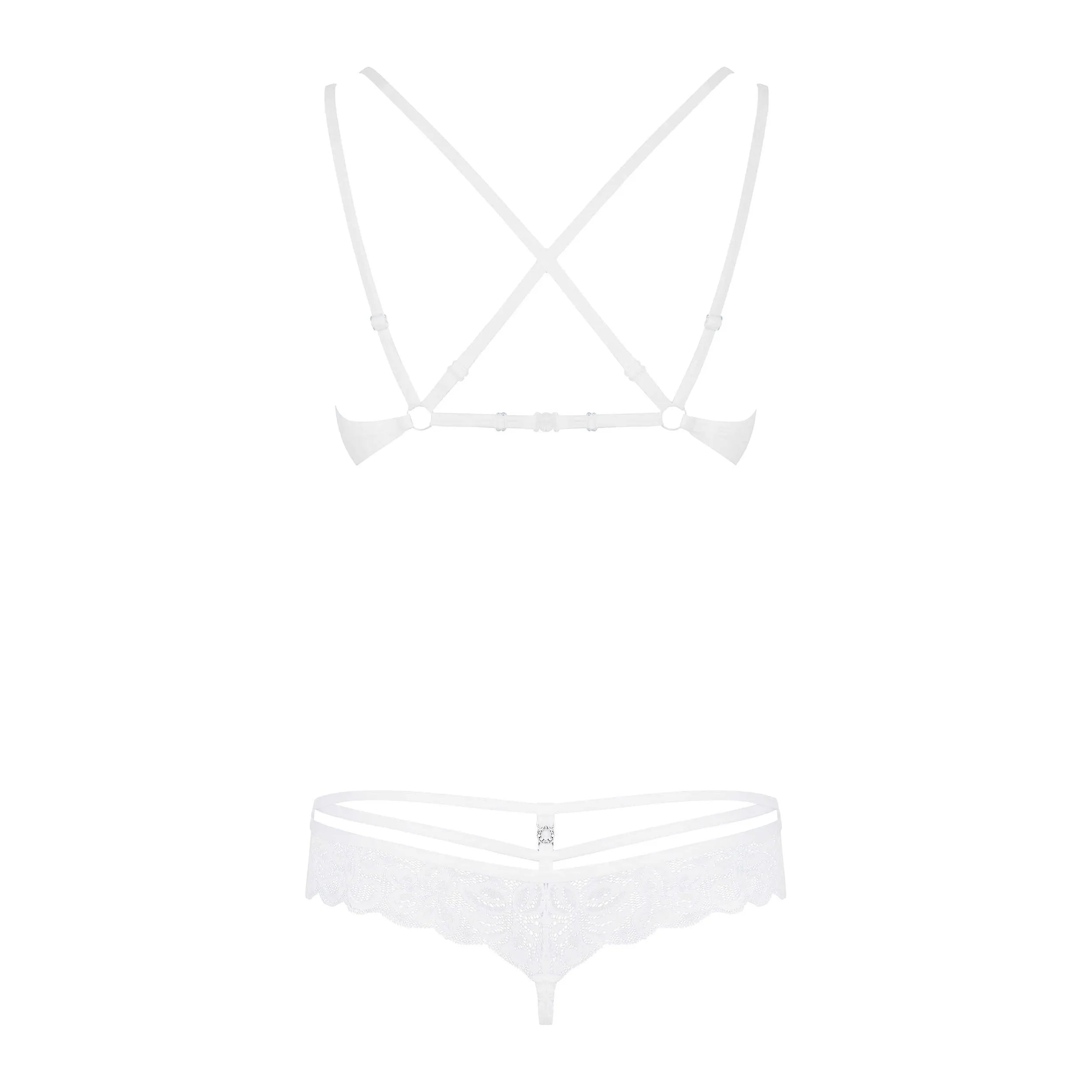 Ensemble lingerie blanc 2 pièces en dentelle avec lanières élastiques et sangles réglables, design élégant et sexy.