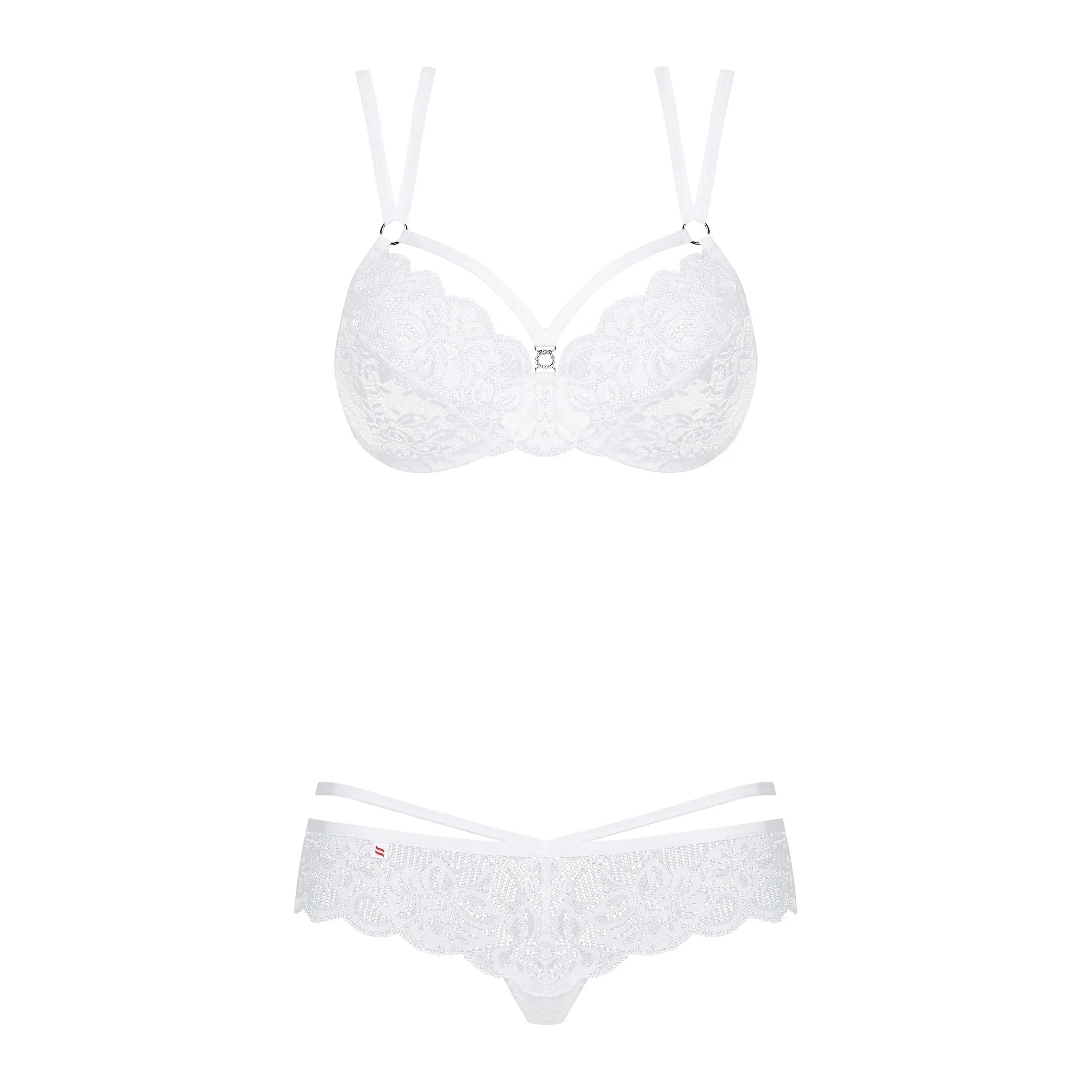 Ensemble lingerie blanc 2 pièces en dentelle avec lanières élastiques et sangles réglables, design élégant et ajusté.