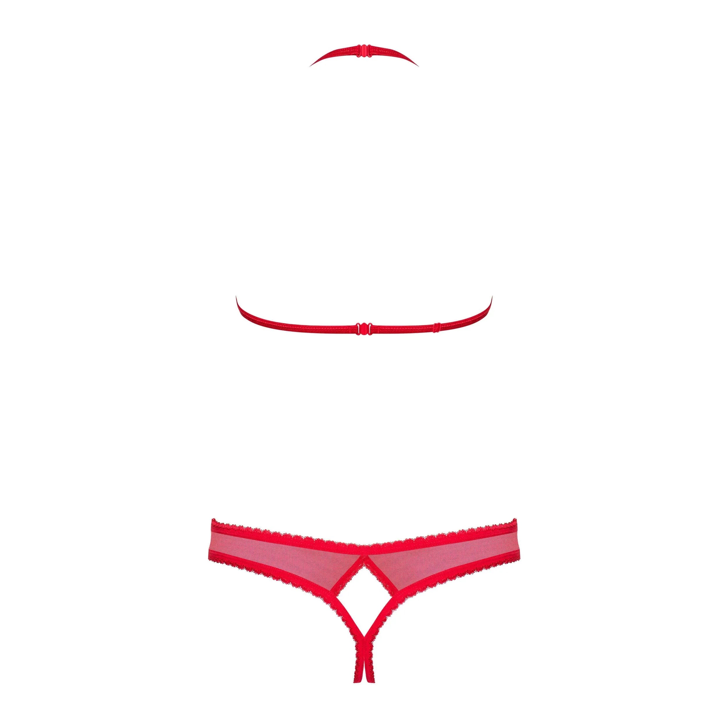 Ensemble lingerie rouge ouvert en dentelle et maille transparente, soutien-gorge et culotte sexy, design séduisant Obsessive.