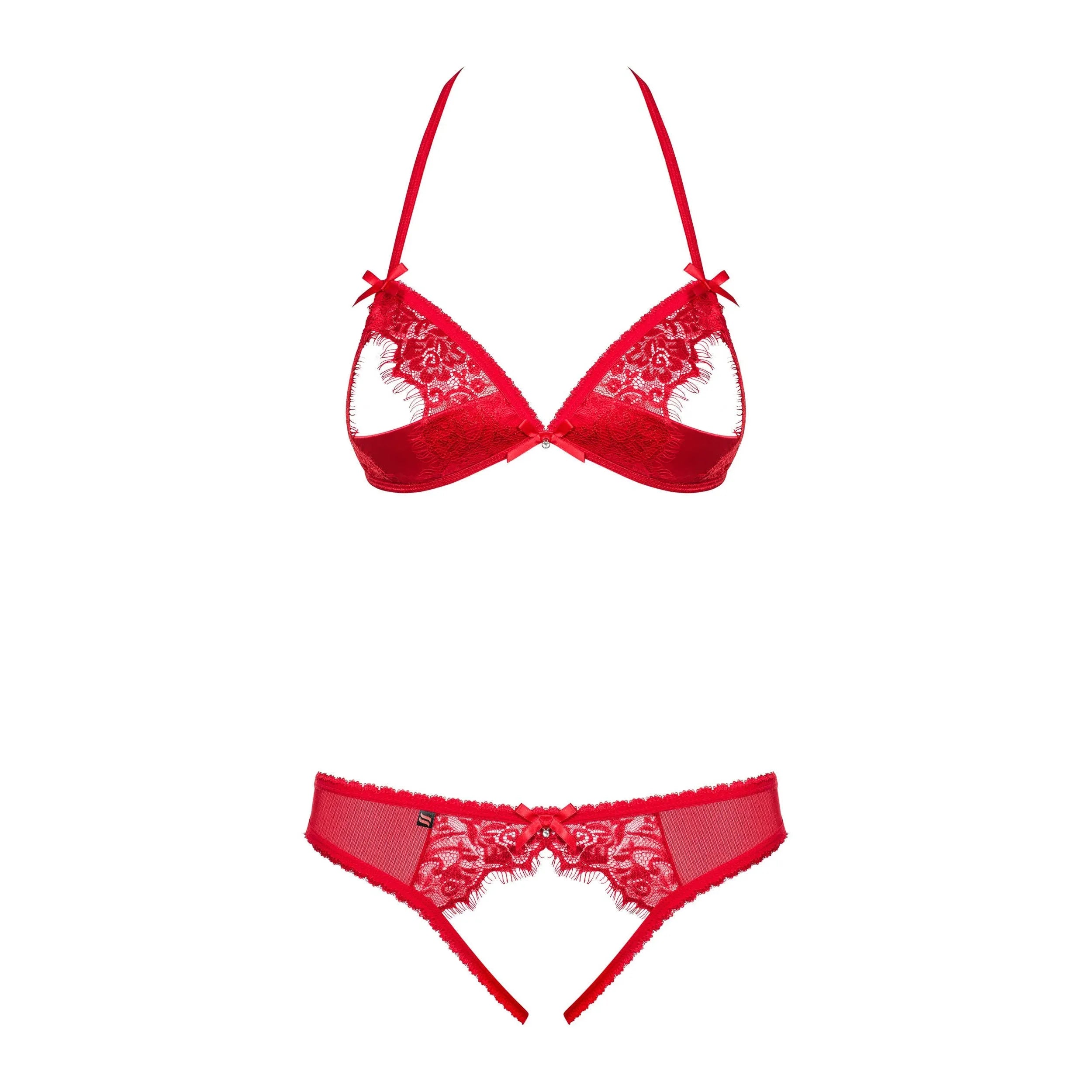 Ensemble lingerie rouge Obsessive 870, dentelle et maille transparente, soutien-gorge et culotte ouverts, style séduisant.
