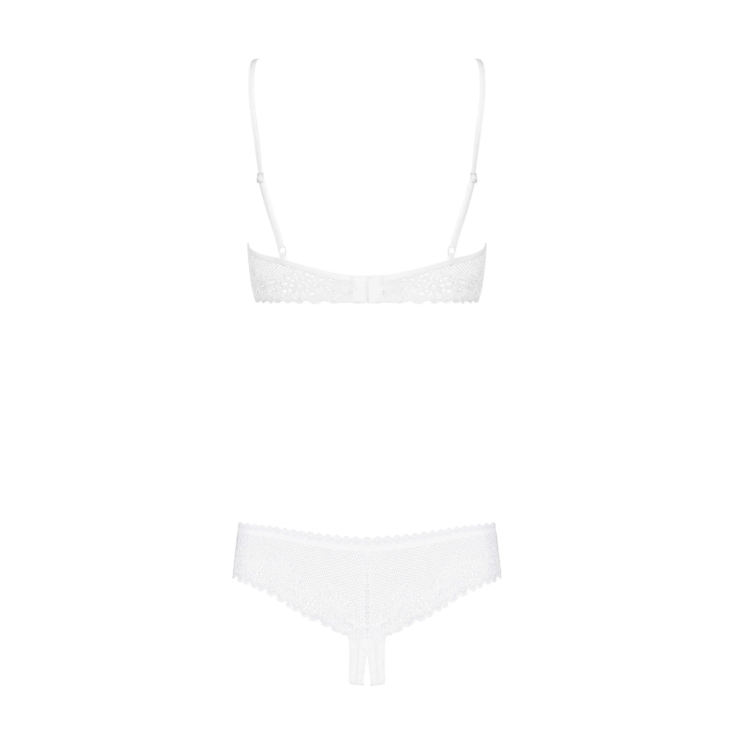 Ensemble lingerie blanc Alabastra avec demi-bonnets et shorty ouvert, dentelle délicate, bretelles et attaches réglables.