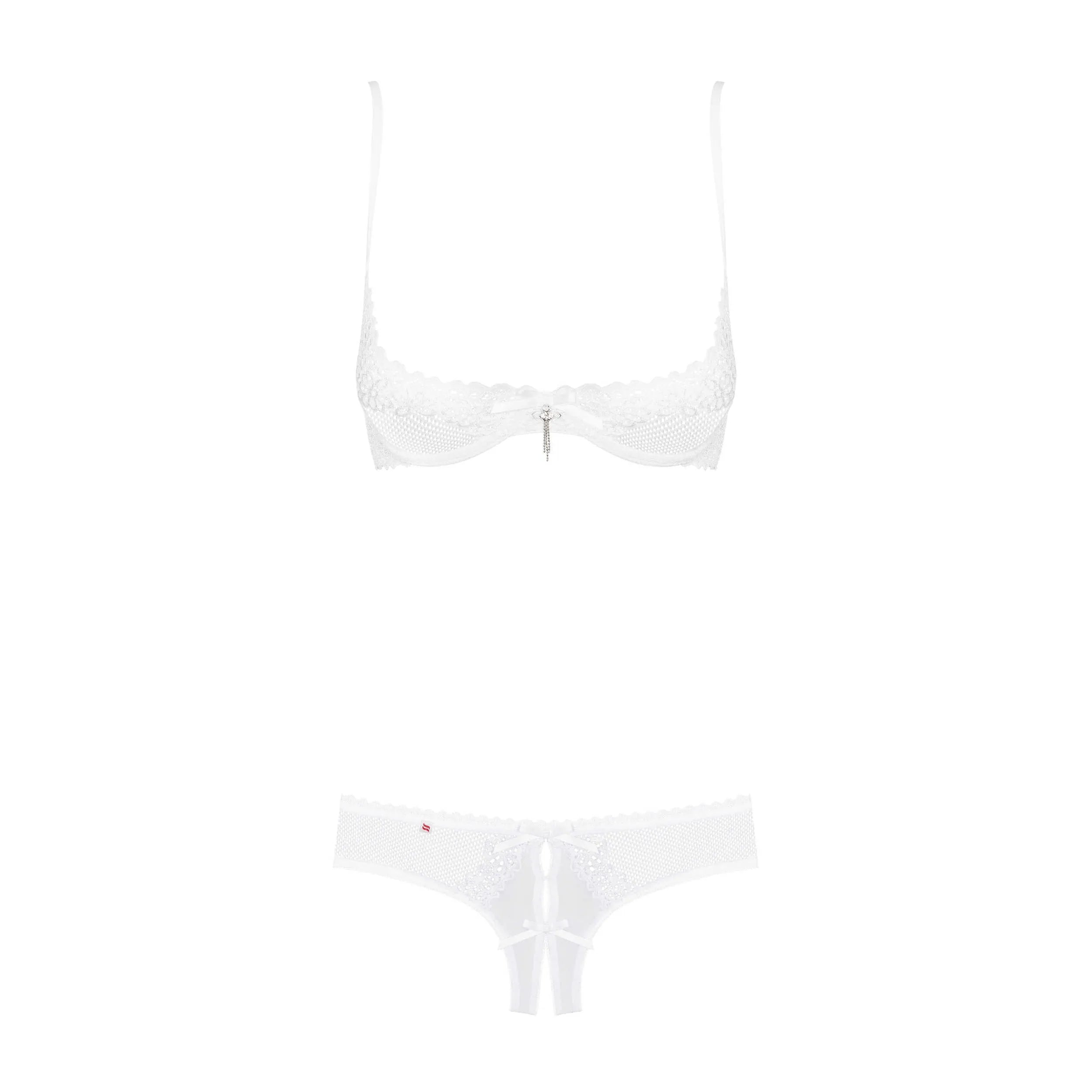 Ensemble lingerie blanc Alabastra, demi-bonnets à armatures, bretelles réglables, shorty ouvert, dentelle délicate.