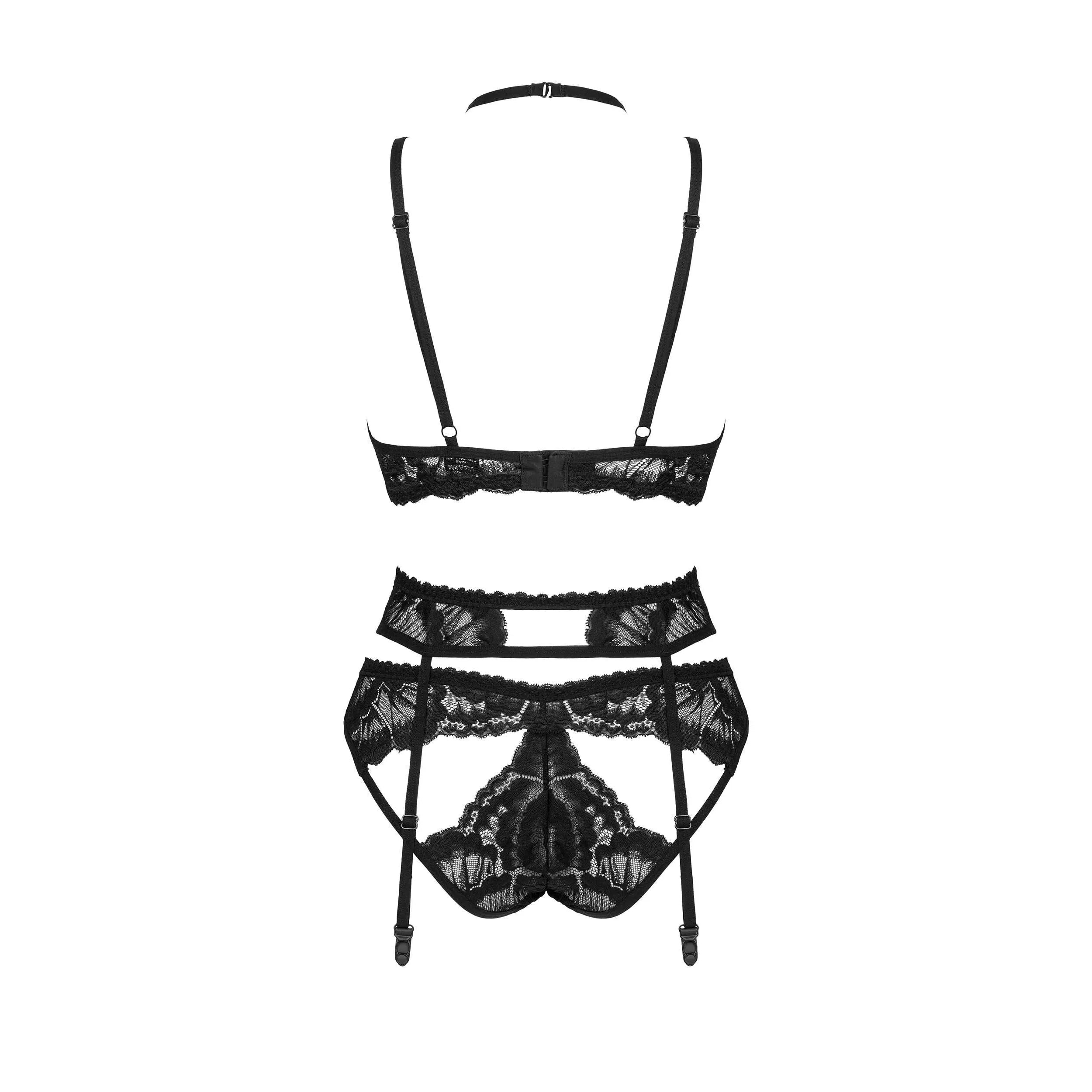 Ensemble lingerie noir 3 pièces Alessya en dentelle, bretelles sexy, culotte unique, idéal pour soirées intimes.