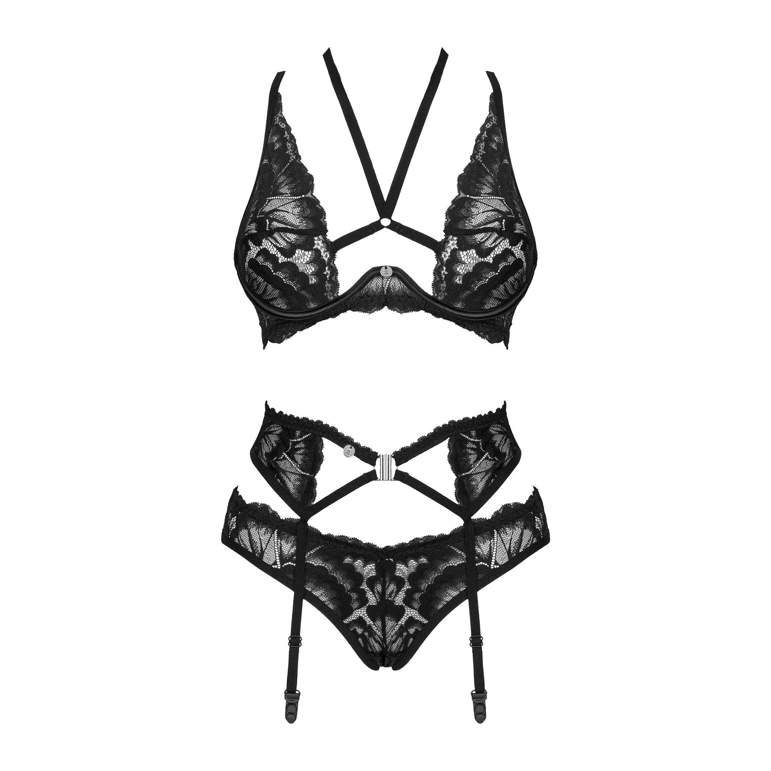 Ensemble lingerie noir 3 pièces Alessya avec dentelle, bretelles sexy et culotte unique, idéal pour soirées intimes.