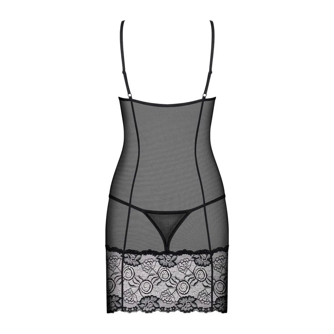 Nuisette noire transparente avec dentelle fine, décolleté, armatures, bretelles réglables et string inclus.