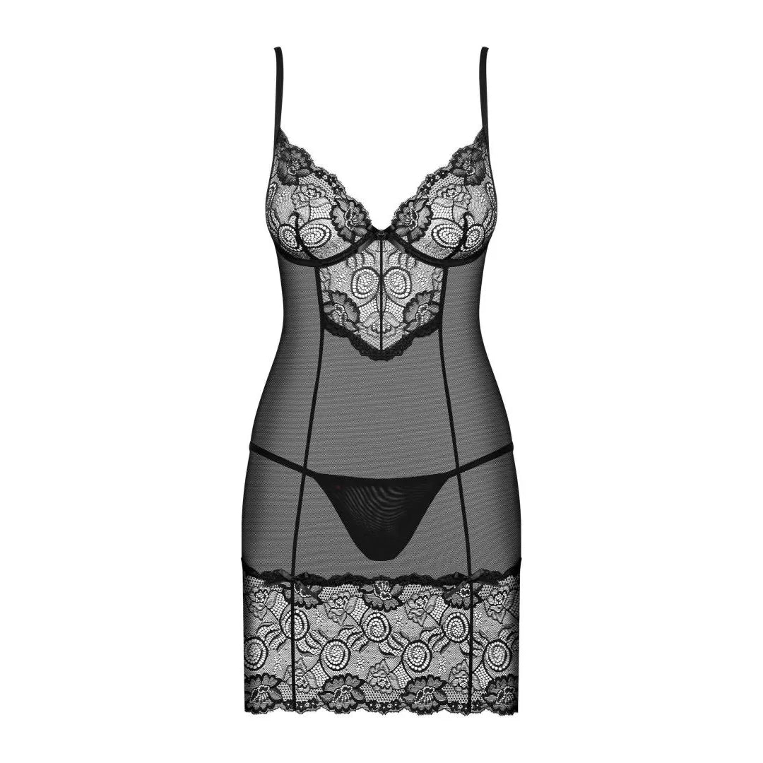 Nuisette sexy noire en dentelle fine, tissu transparent, bretelles réglables, avec armatures, string inclus.