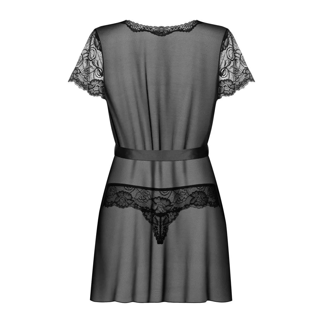 Peignoir noir transparent Alluria avec dentelle florale, manches courtes, ceinture satinée, string assorti inclus.
