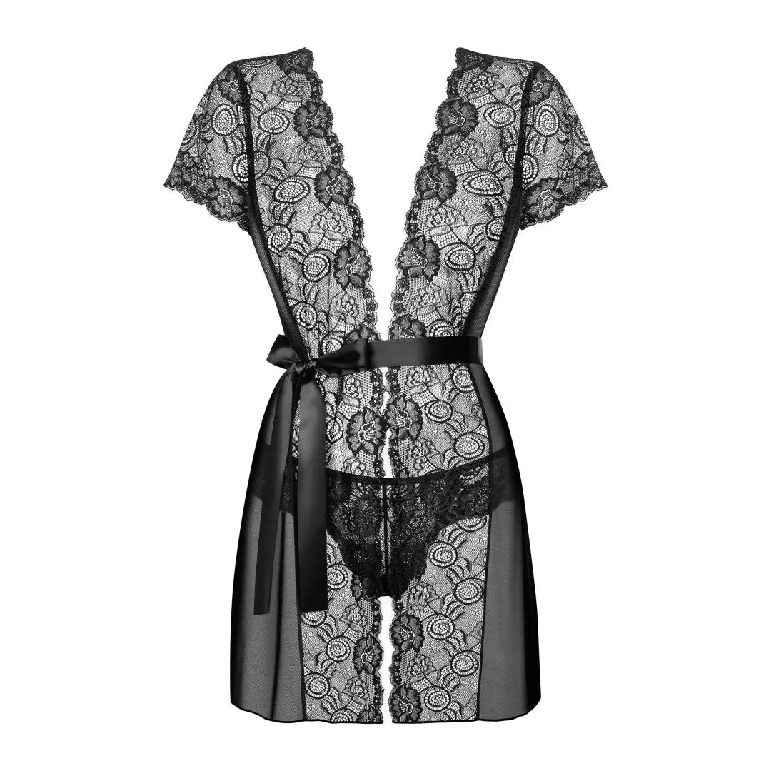 Peignoir noir Alluria en dentelle florale, manches courtes, ceinture satinée, string assorti, transparence élégante.