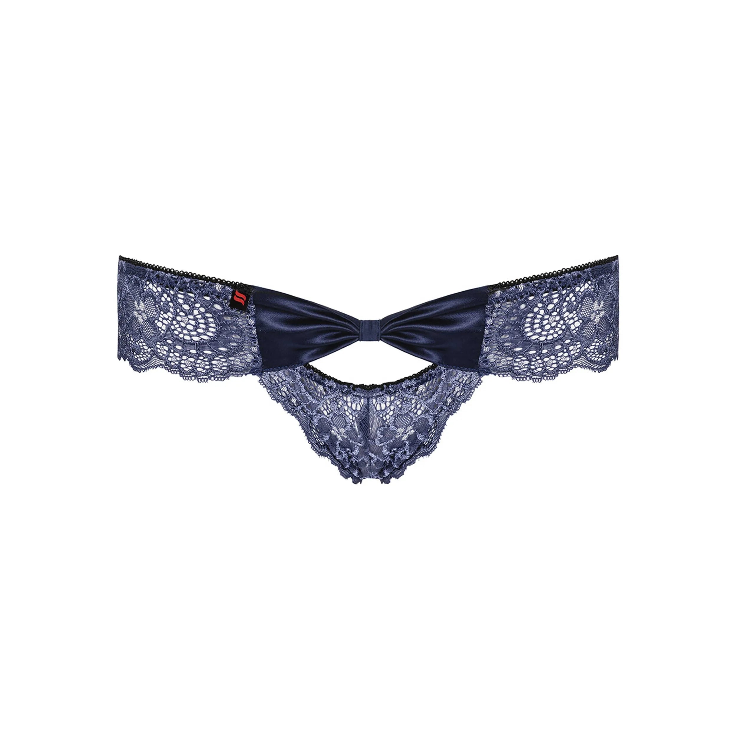 Culotte en satin bleu avec dentelle délicate et noeud, design Auroria Obsessive, met en valeur les courbes féminines.