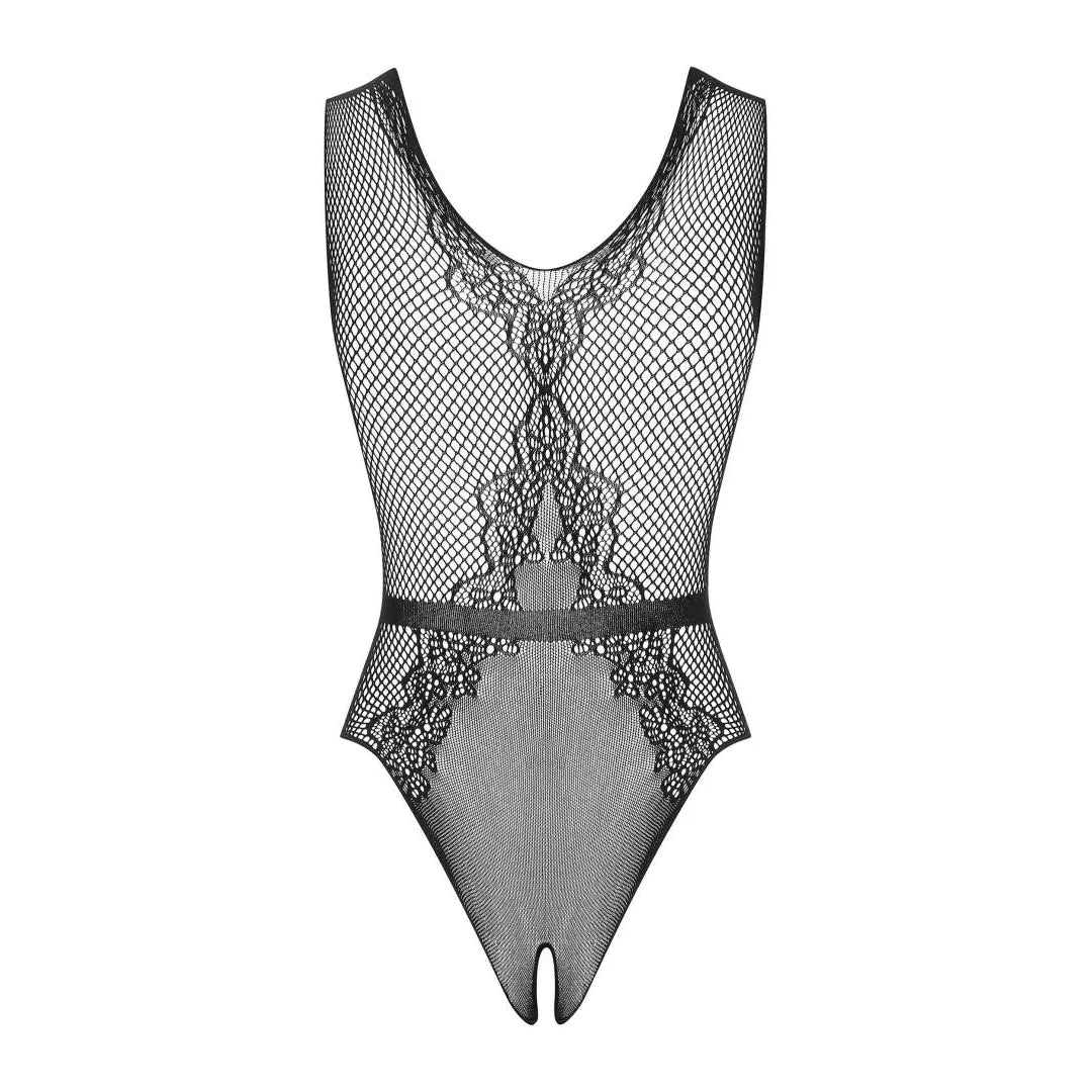 Body noir résille ouvert entrejambe, découpes élégantes, ceinture satin, confection 3Sknit, allure sensuelle et confortable.