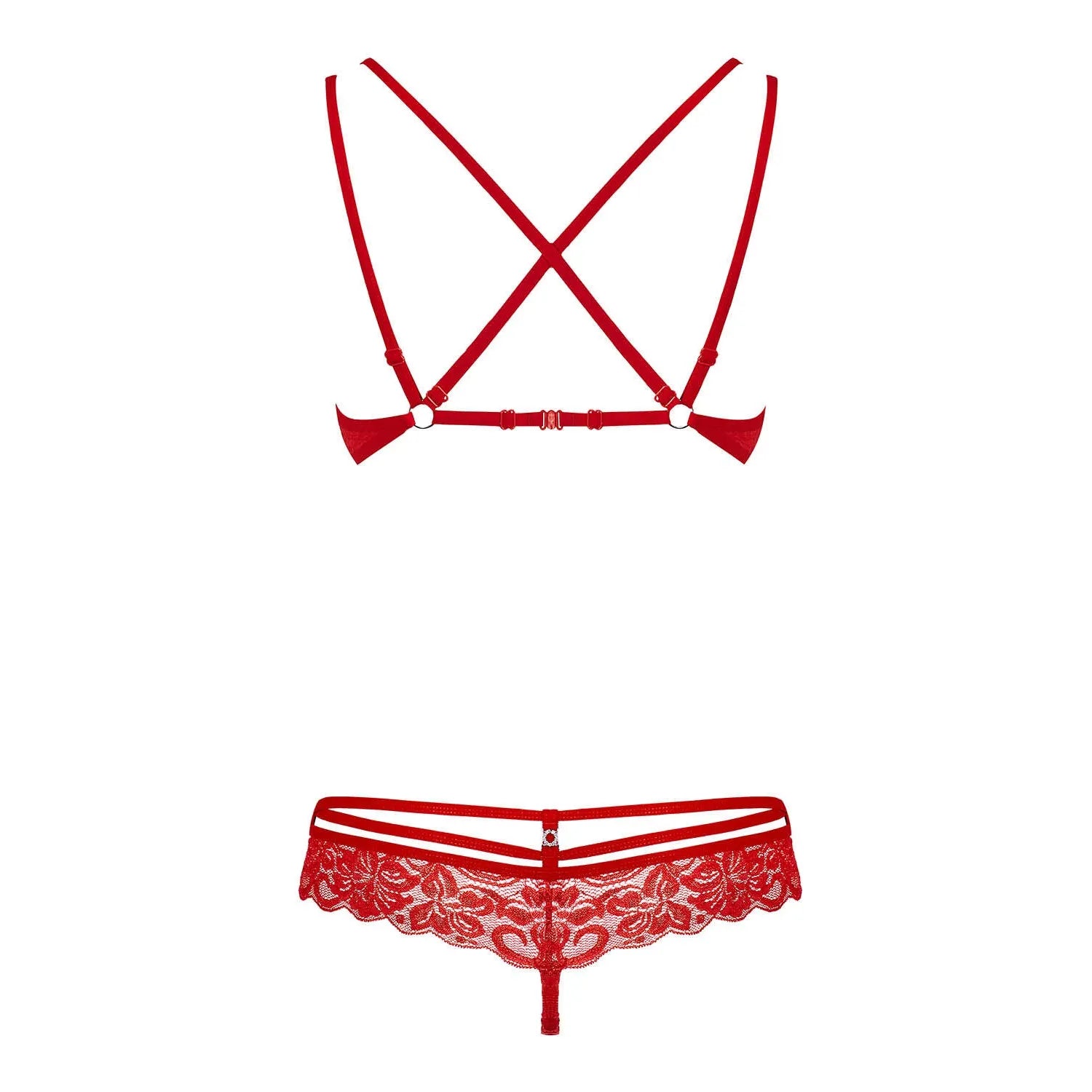 Ensemble lingerie rouge Obsessive 860 avec dentelle florale, soutien-gorge et string, bretelles croisées, bijou NickelFree.