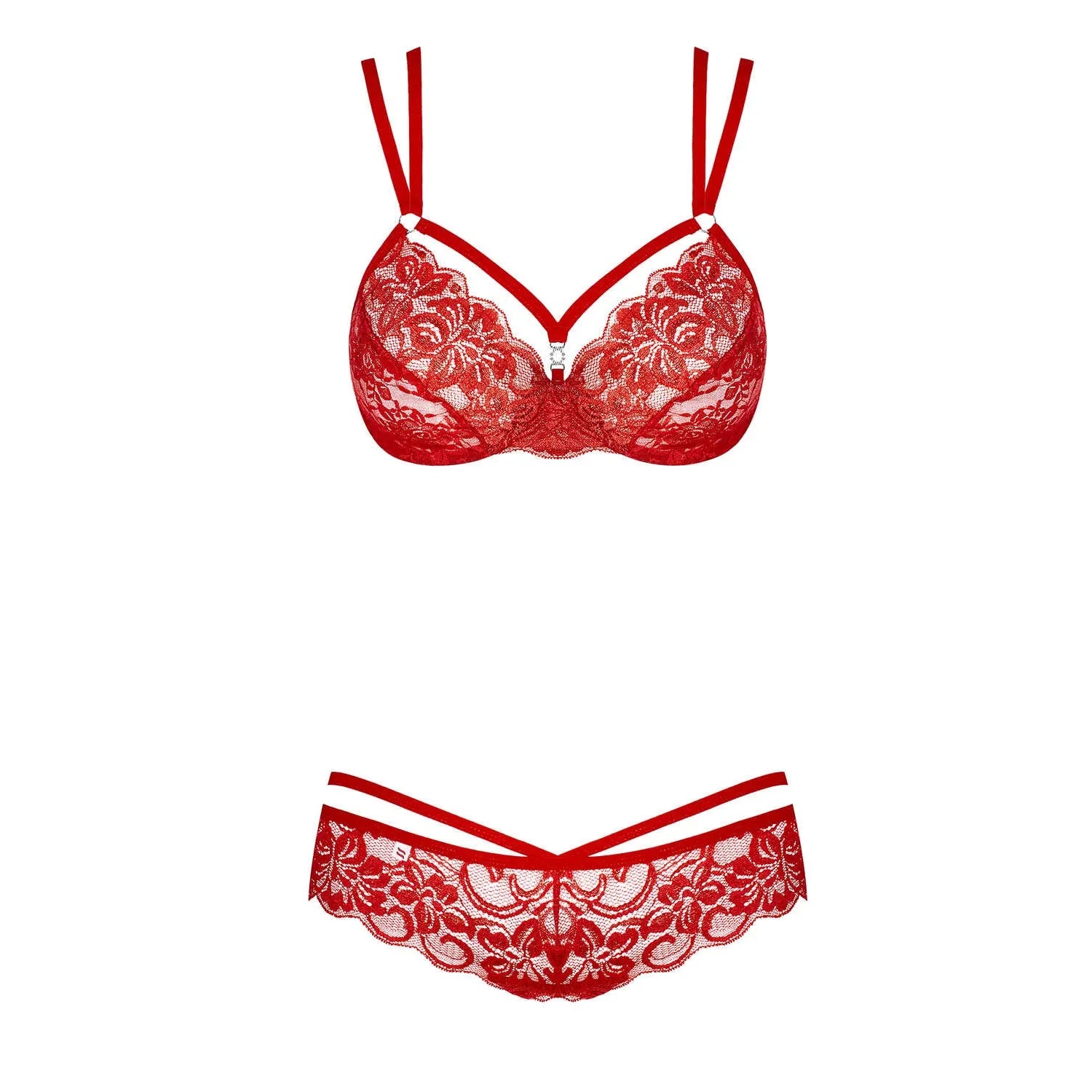 Ensemble lingerie rouge floral, dentelle fine, soutien-gorge et string avec bretelles séduisantes, design féminin.
