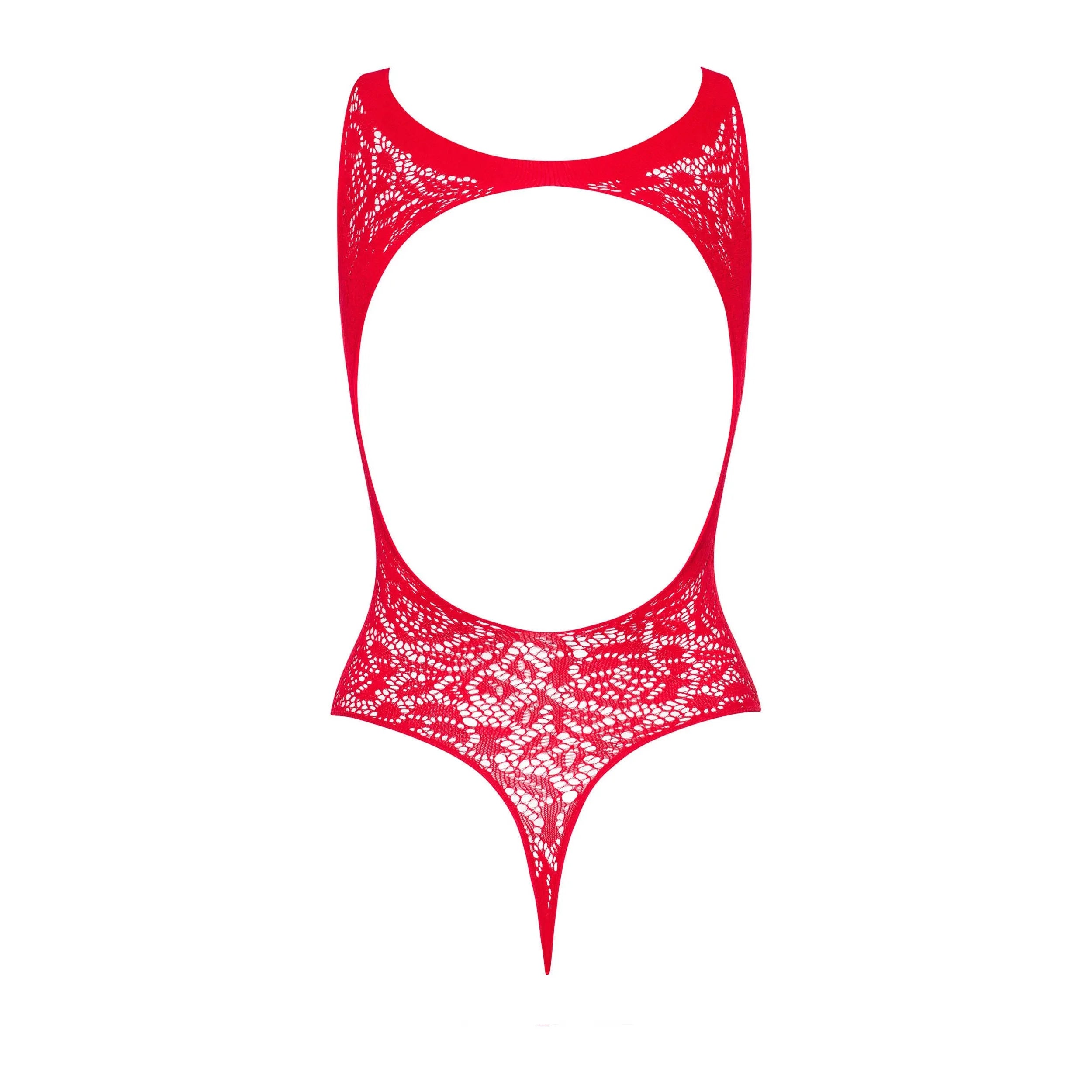Body rouge en dentelle ouverte, design sexy et élastique, alliant confort et sensualité féminine.