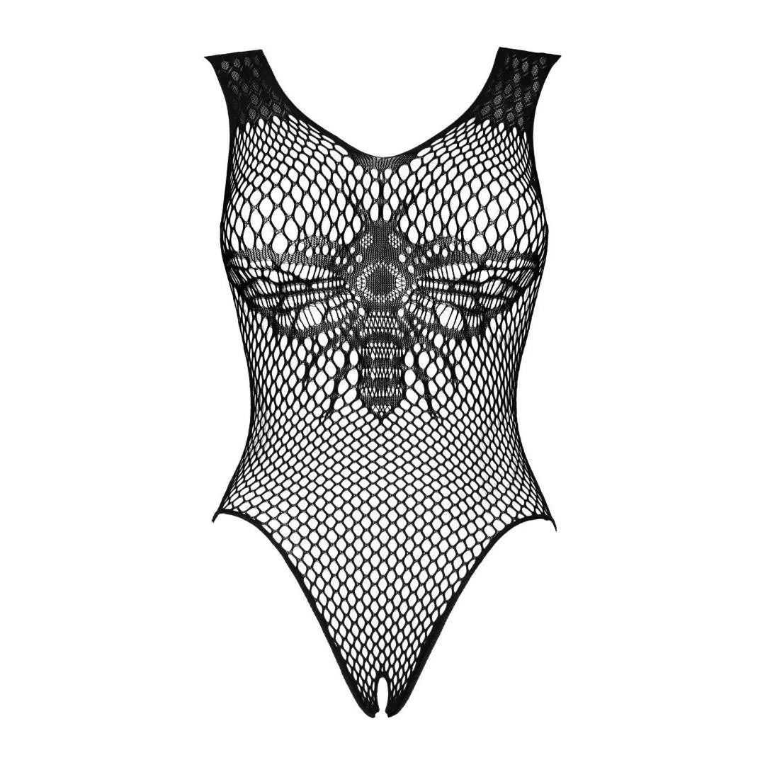 Body sexy noir B134 en maille délicate, décolleté profond, entrejambe ouvert, design élégant et audacieux.
