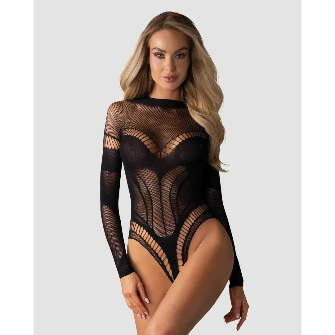 Body noir motifs géométriques, manches longues, entrejambe ouvert, nylon élasthanne, silhouette élégante et sensuelle.