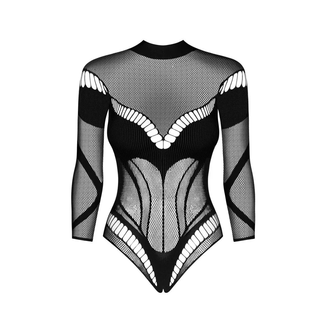 Body noir motifs géométriques, manches longues, entrejambe ouvert, nylon élasthanne, style sexy et élégant.