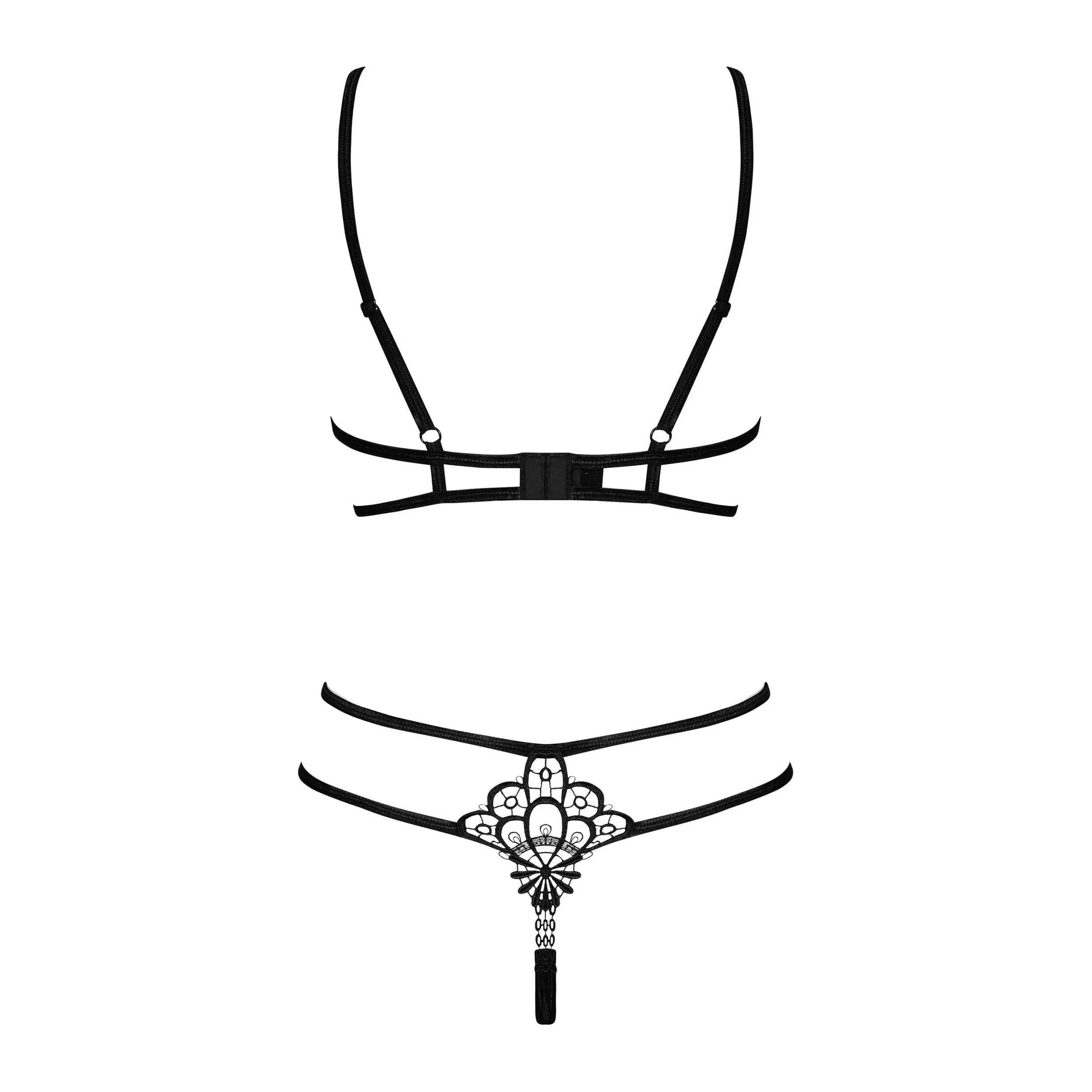 Ensemble Badossa noir 2 pièces, guipure élégante, soutien-gorge ouvert, string élastique, design sensuel et raffiné.