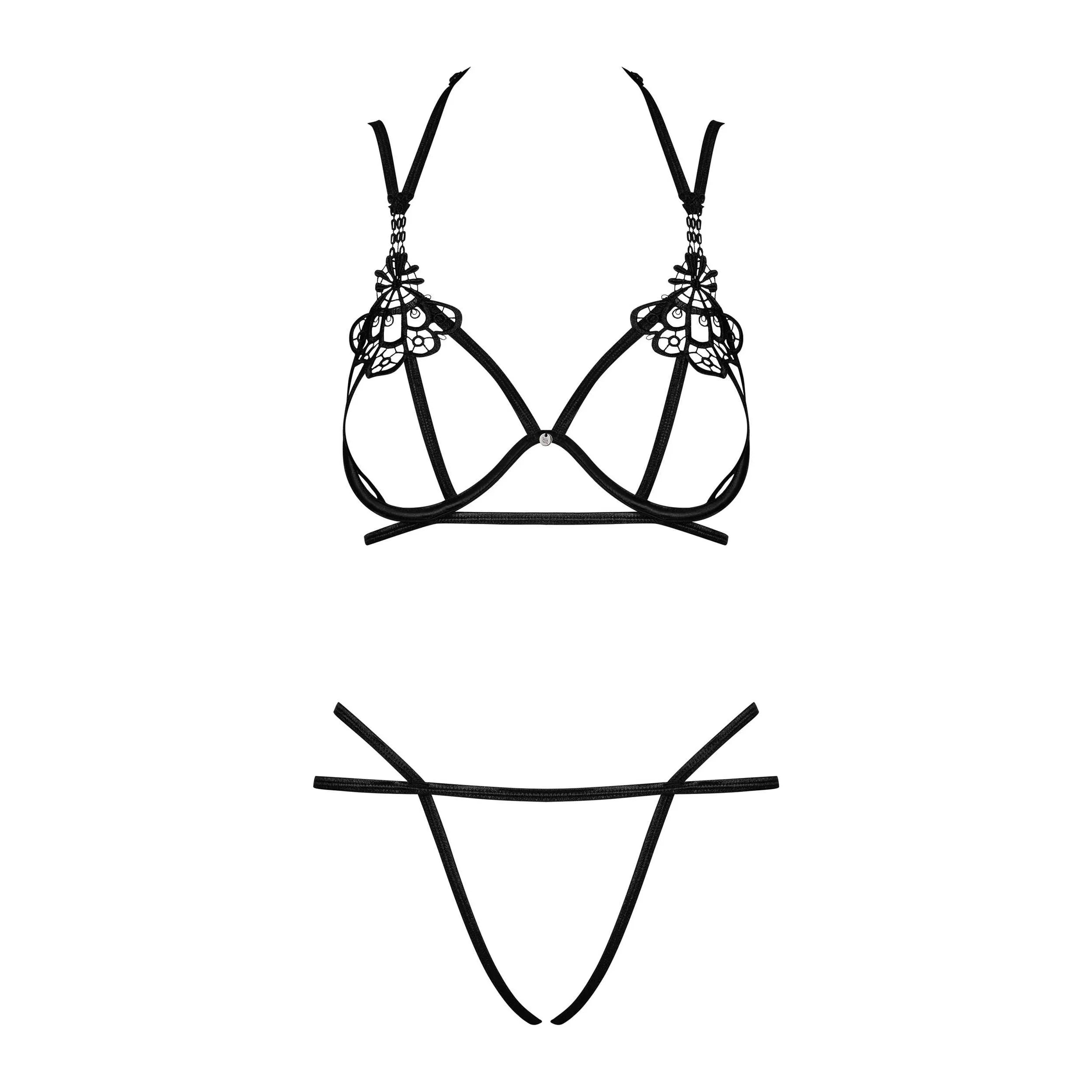 Ensemble lingerie noir Badossa, guipure élégante, soutien-gorge ouvert, string élastique, design sensuel et raffiné.
