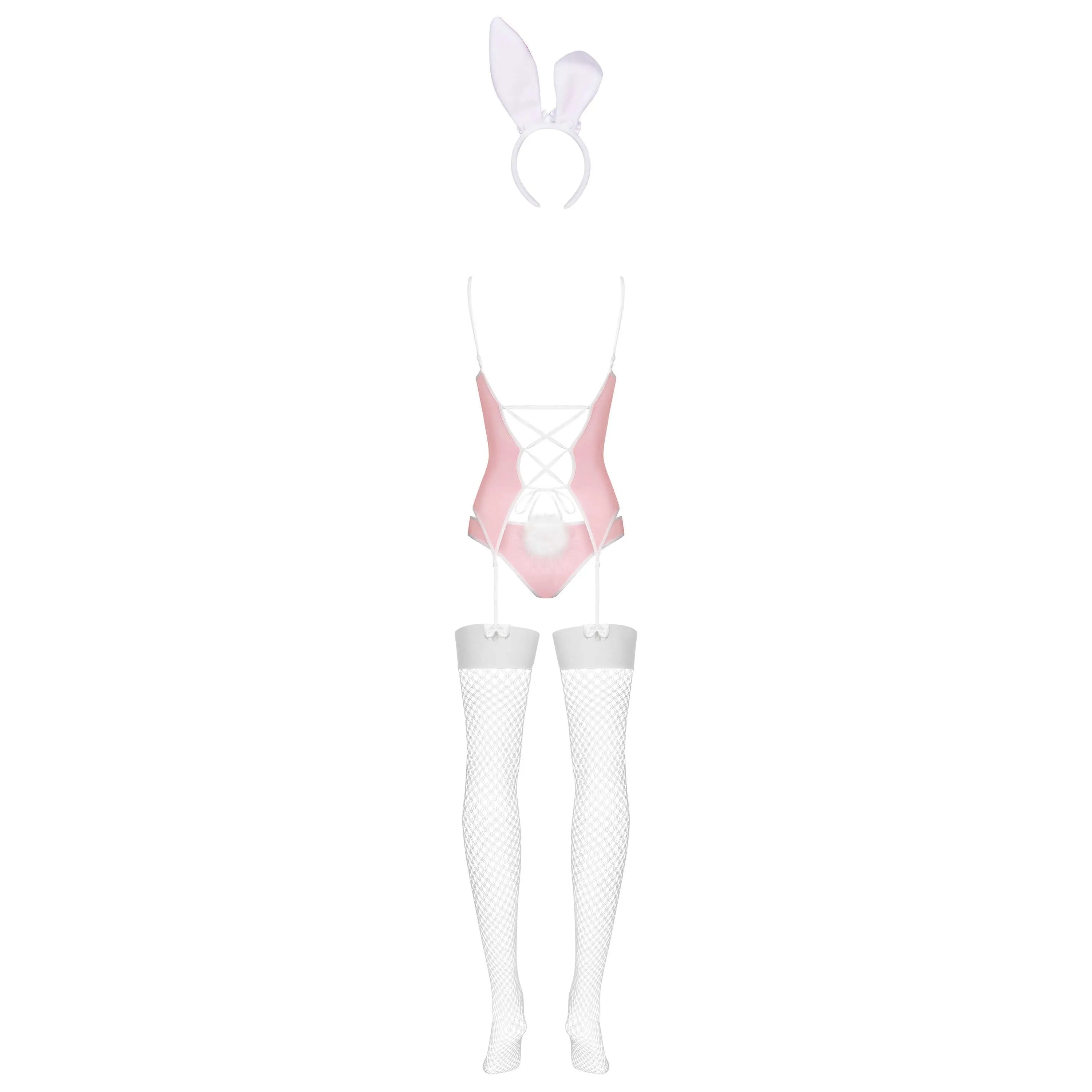 Costume lapin rose avec corset, bretelles et jarretelles réglables, oreilles assorties, bas résille et queue de lapin.