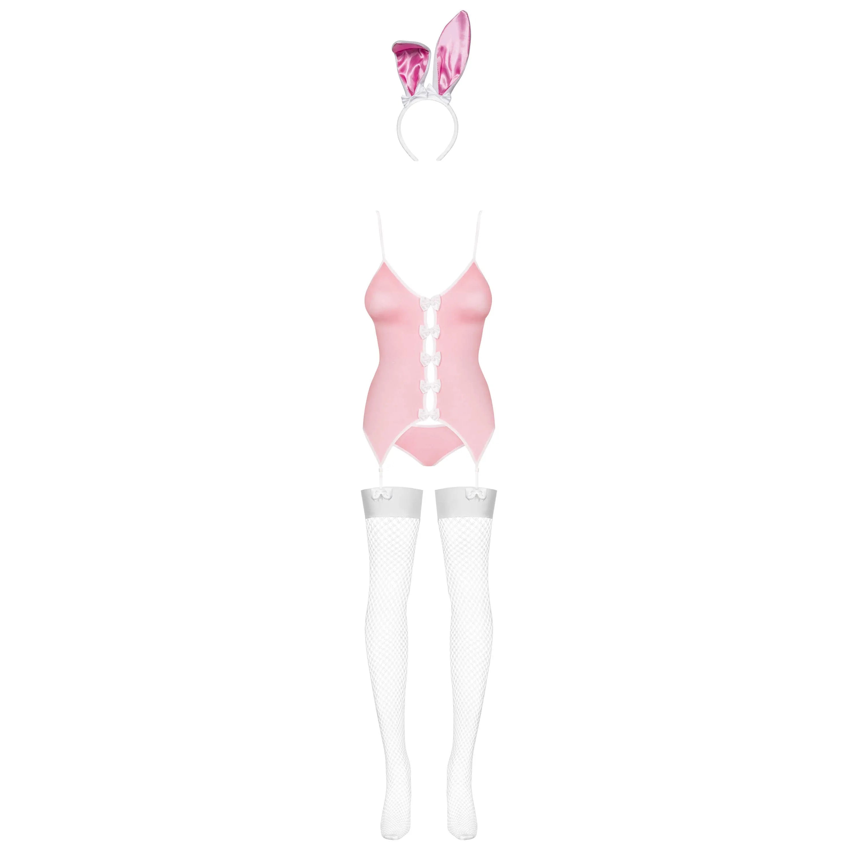 Costume de lapin rose avec bretelles, jarretelles, oreilles, nœuds, laçage corset et queue; matière douce et élastique.