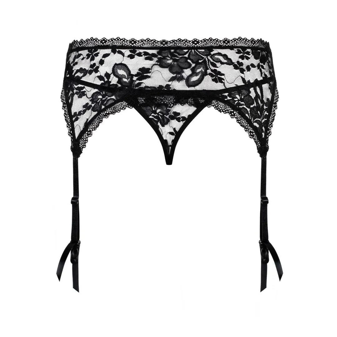 Porte-jarretelles noir en dentelle florale ajustable avec string inclus, élégance et séduction raffinée.