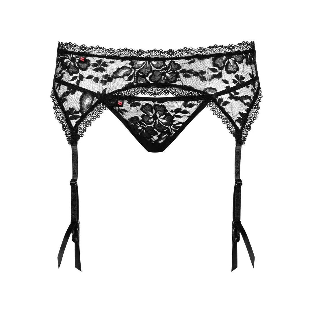 Porte-jarretelles dentelle noire motif floral, ajustable, élégant, avec string inclus pour une allure séduisante.