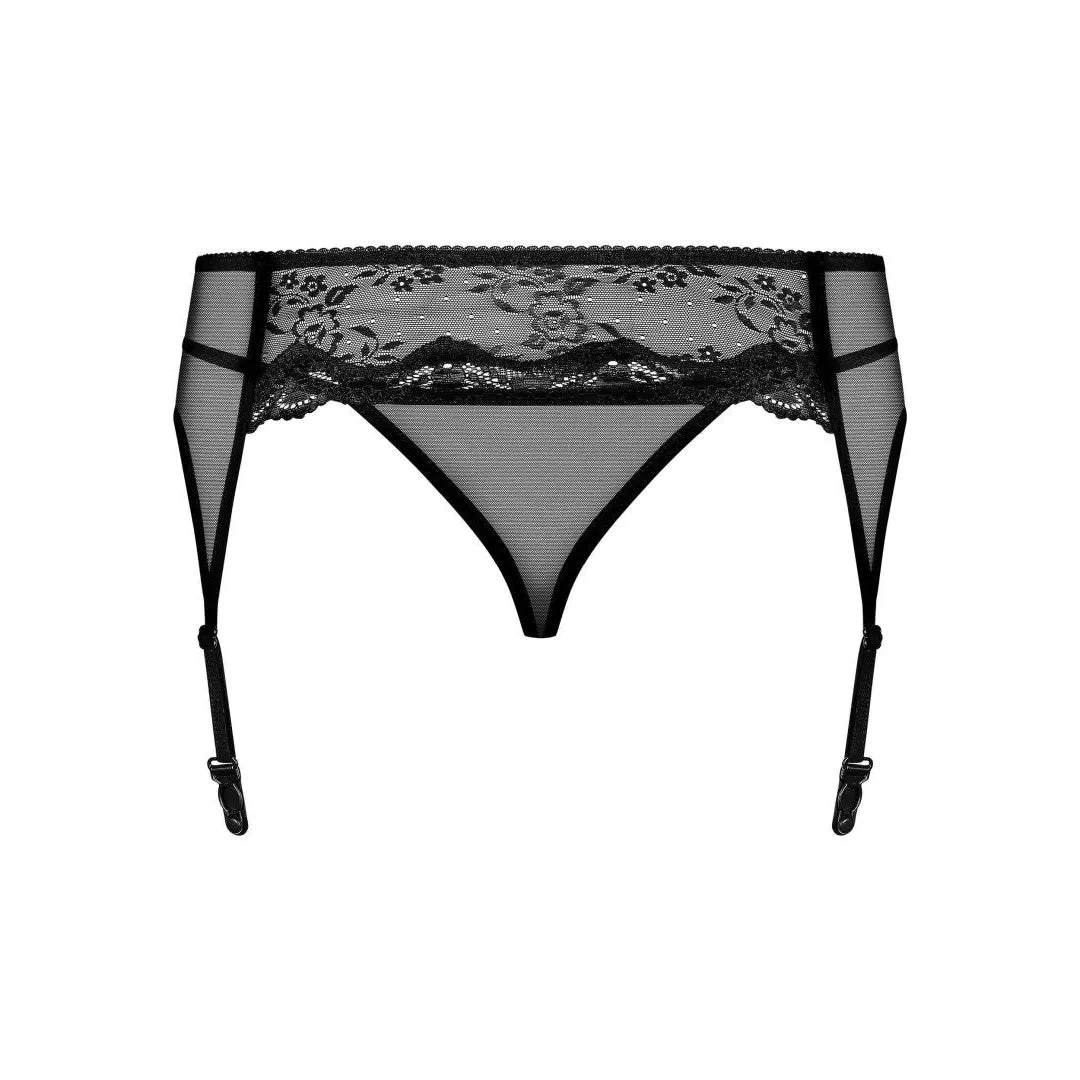 Porte-jarretelles noir en dentelle, bijou réglable, design élégant, string assorti, rehausse silhouette, glamour.