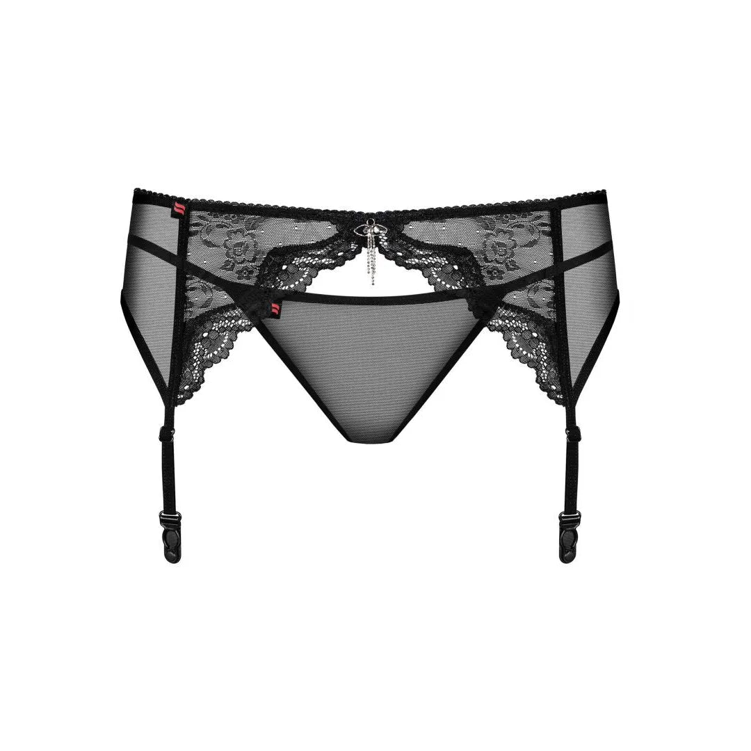 Porte-jarretelles noir dentelle avec bijou, attaches réglables, string assorti, design élégant et raffiné.