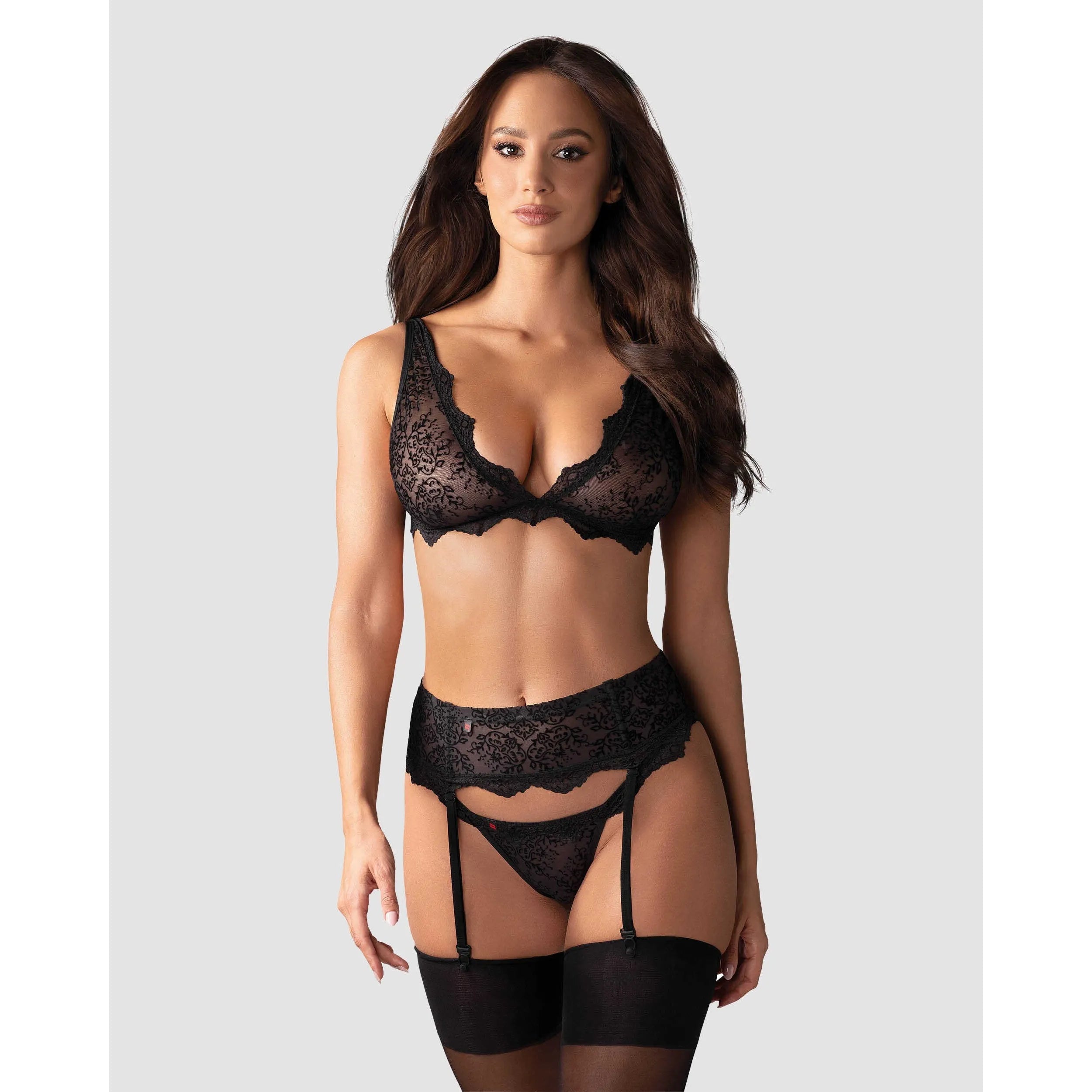 Ensemble lingerie sexy velours noir trois pièces soirée pimentée