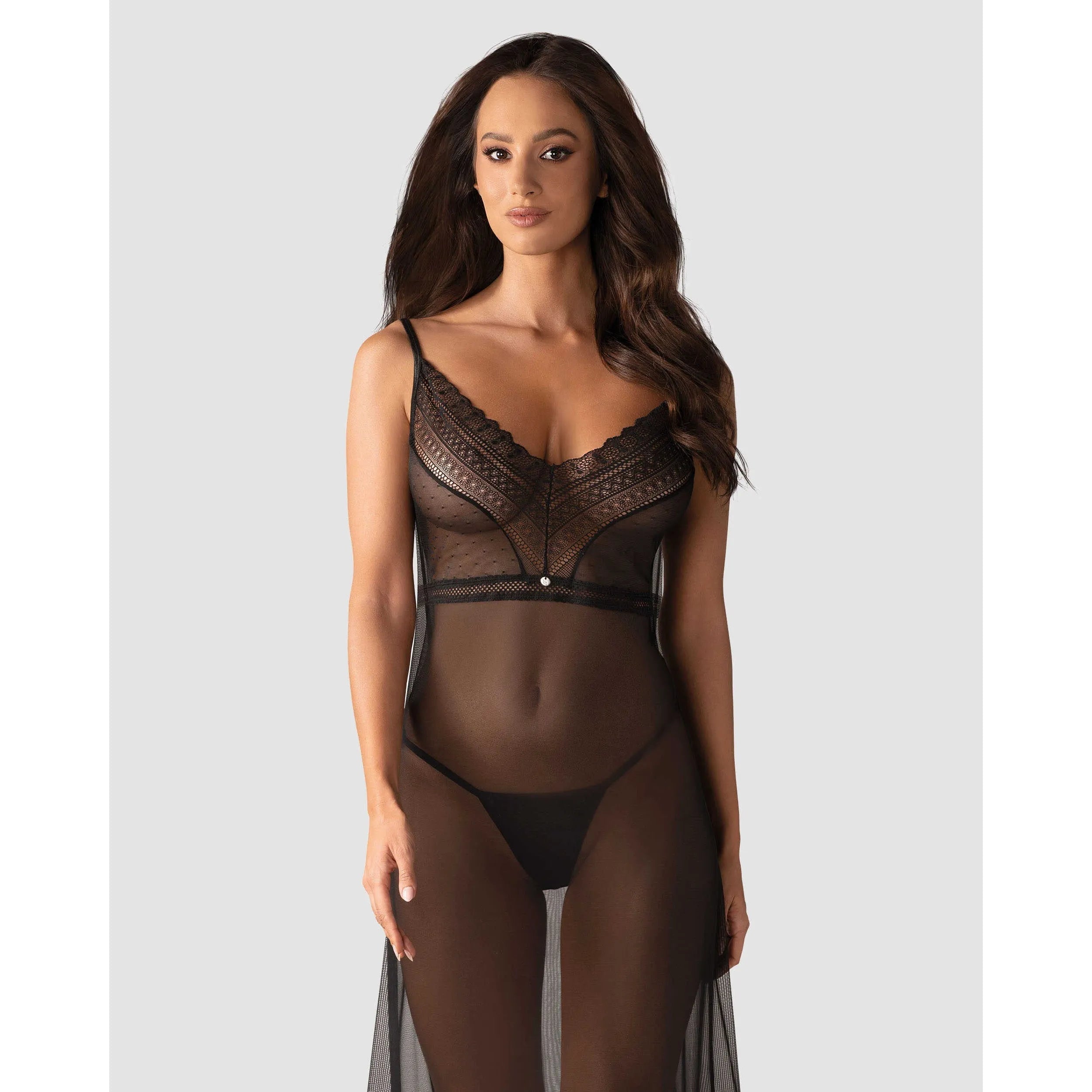 Nuisette longue sexy Estiqua noire asymétrique dentelle dos nu ajustable