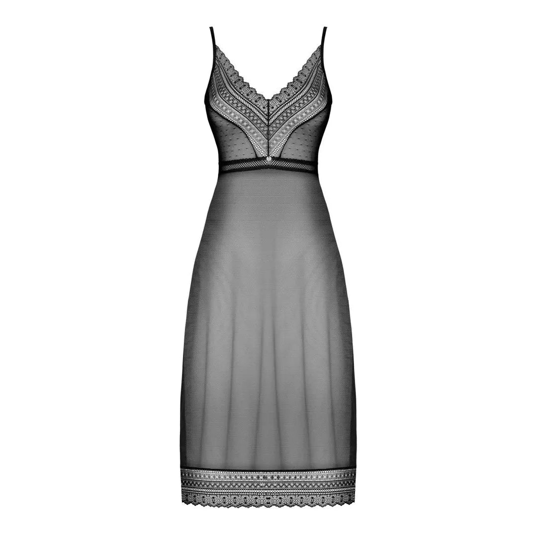 Nuisette longue sexy Estiqua noire asymétrique dentelle dos nu ajustable