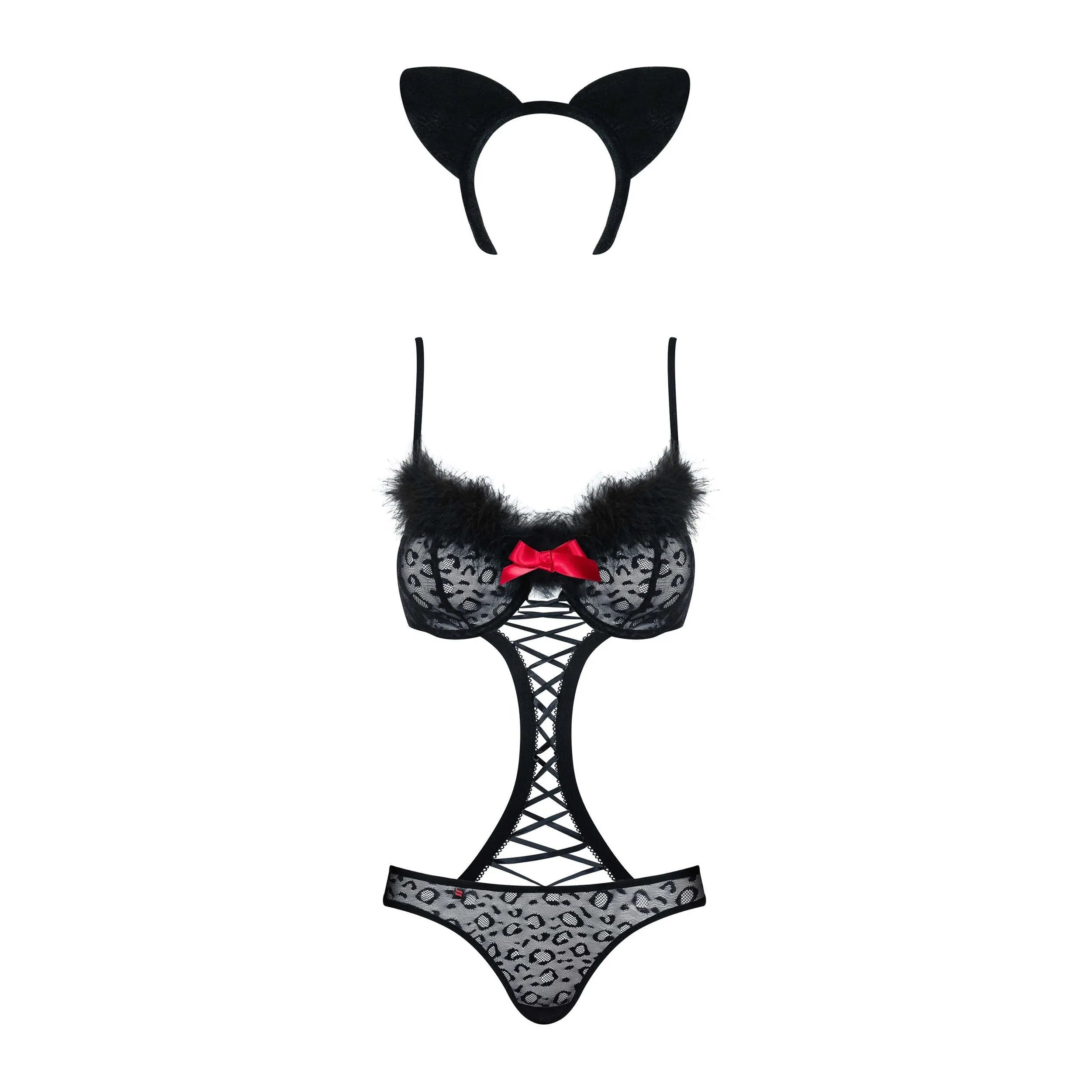 Costume guépard noir 3 pièces femme body oreilles queue détachable