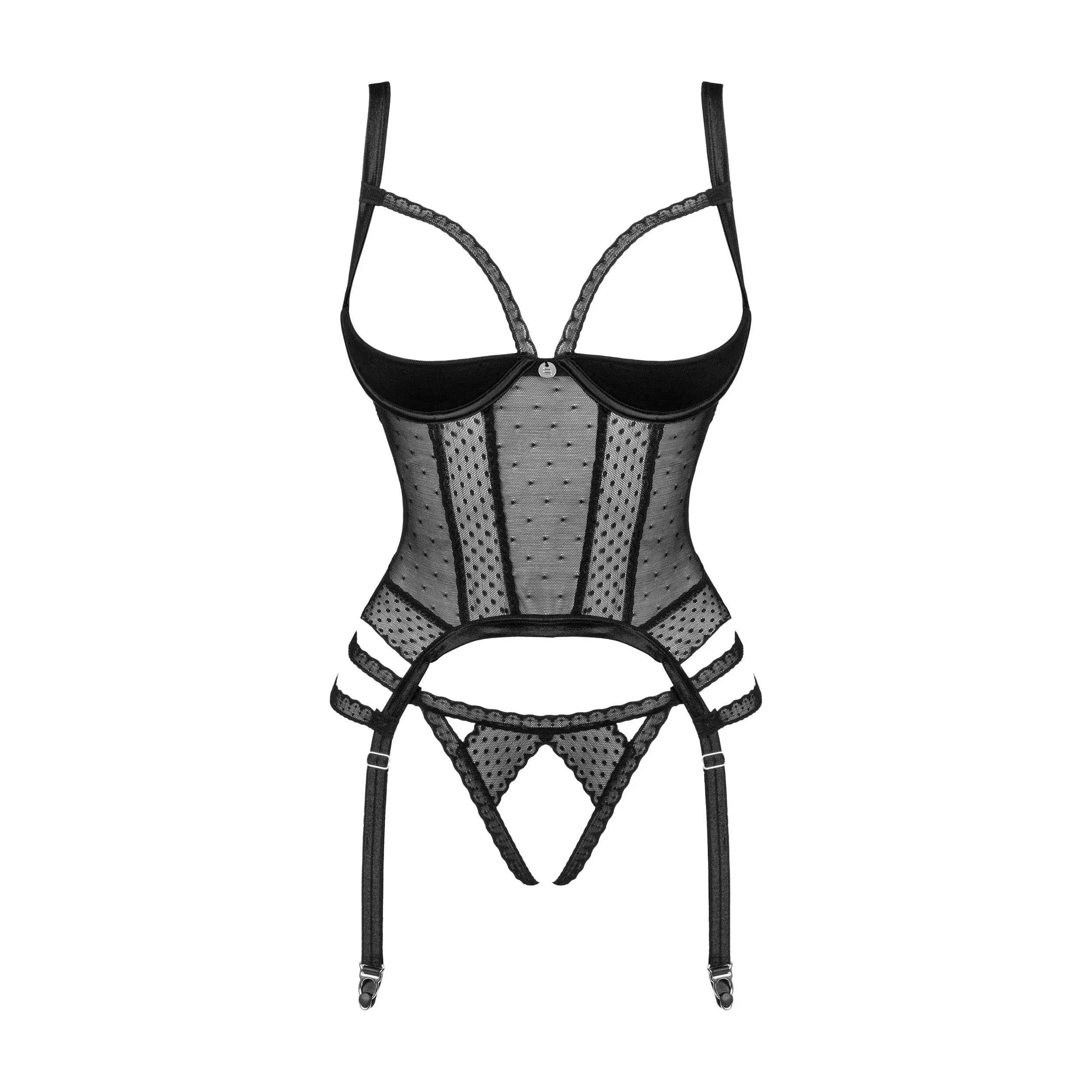 Lanelia Corset noir sexy maille translucide bretelles réglables soutien-gorge ouvert