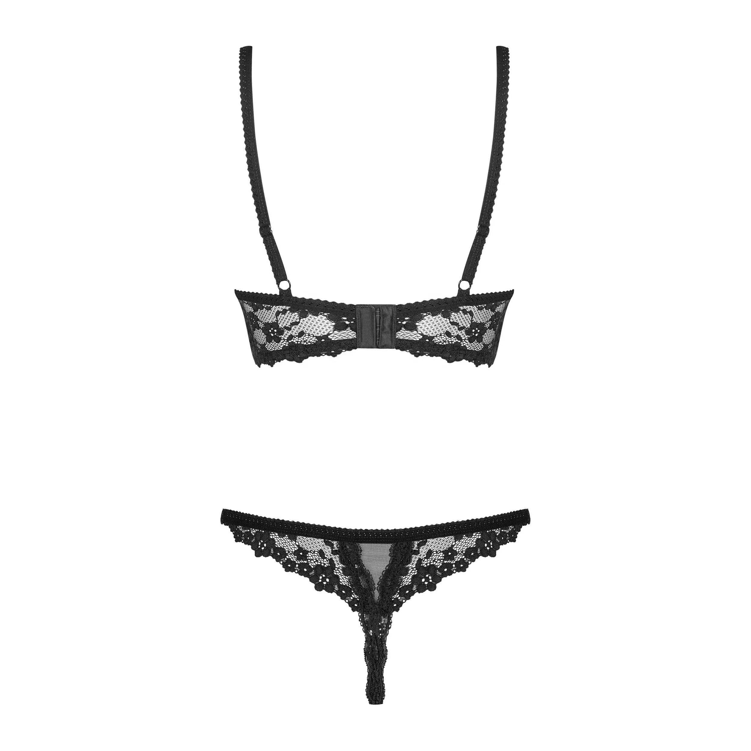 Ensemble lingerie dentelle noire ouvert soutien-gorge sans bonnet string ajustable